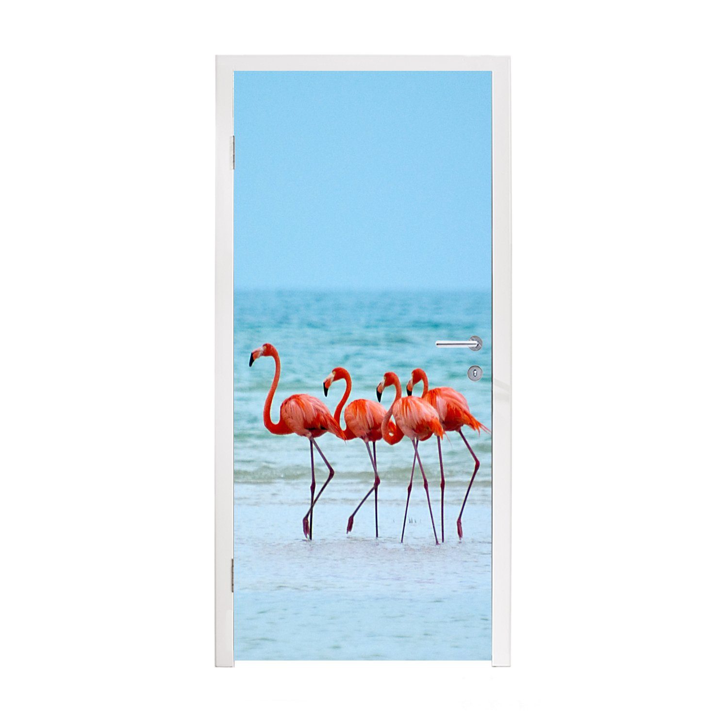 MuchoWow Türtapete Vier Flamingos stehen am Strand, Matt, bedruckt, (1 St), Fototapete für Tür, Türaufkleber, 75x205 cm