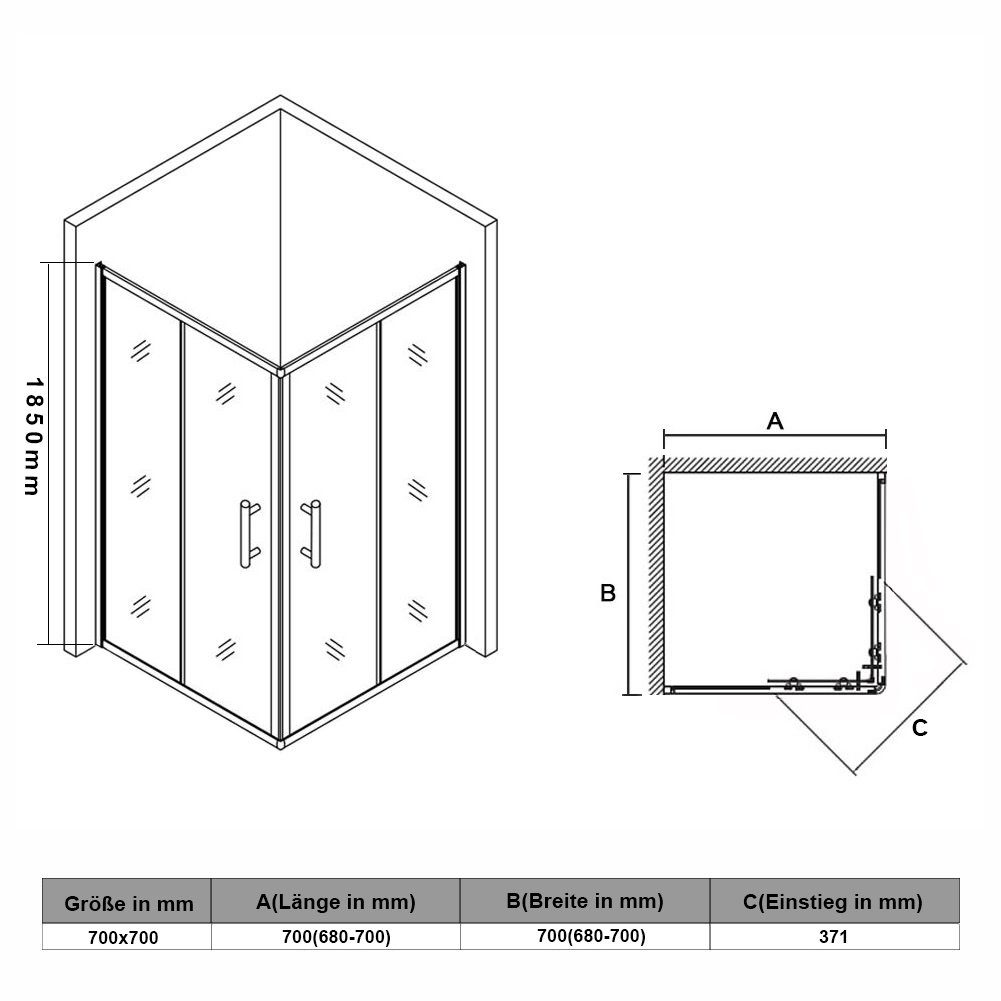 SONNI Eckdusche 70x70 - 120x120 cm, Eckeinstieg Doppel Schiebetüren Dusche, BxT: 70x70 cm, ESG Glas Höhe 185 / 195cm Verstellbereich: bis zu -20 mm