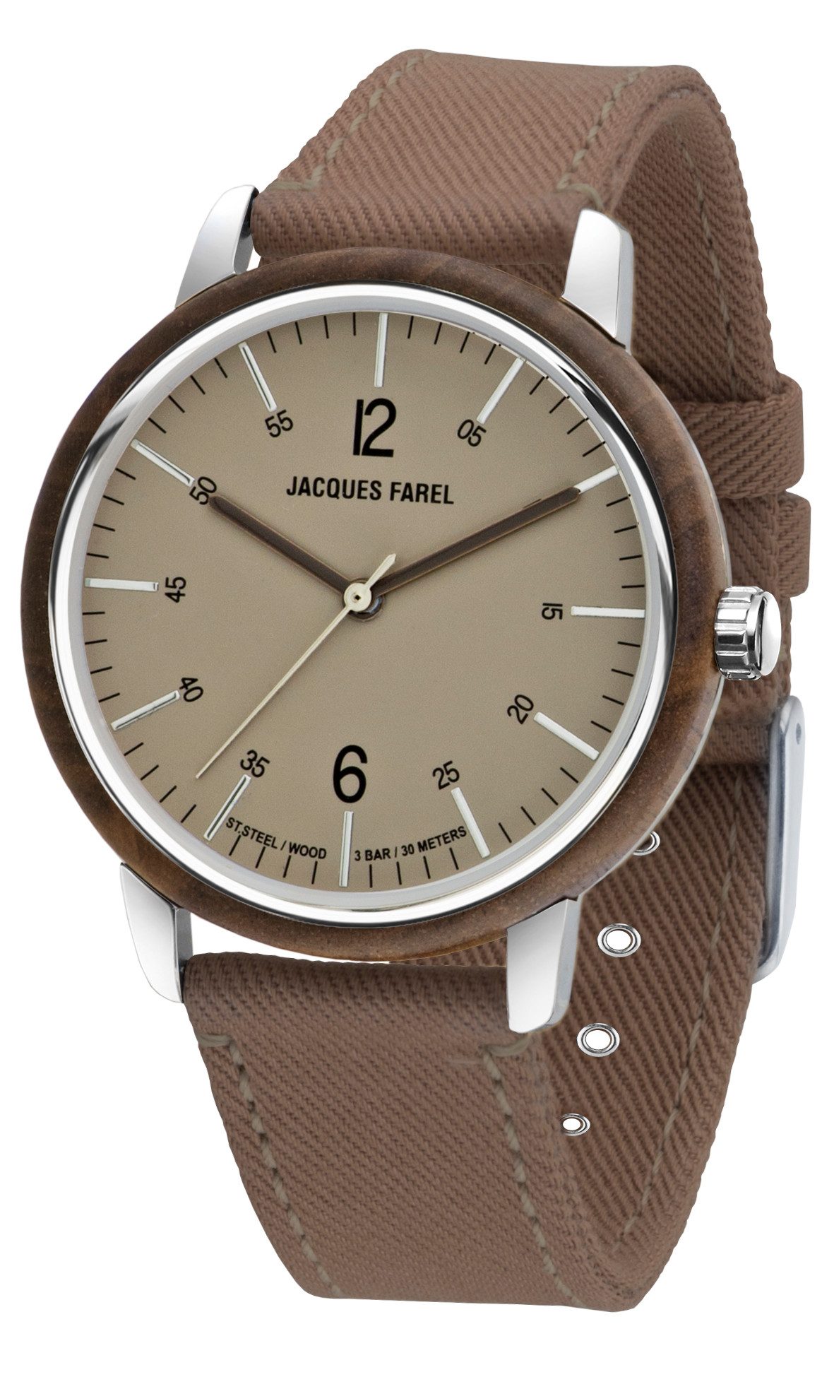 Jacques Farel Quarzuhr ORW1032 nachhaltige Damen Armbanduhr Stahlgehäuse Holzring Lyocellband 3 bar, Analog Dunkelbraun Grau Holzuhr Geschenk Frauen Ø38 mm