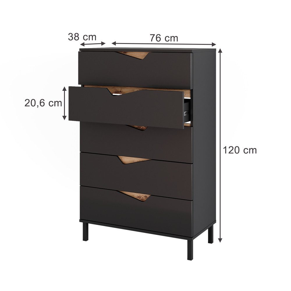 Vicco Kommode Marelle, Anthrazit/Artisan-Eiche, 76 x 120 cm mit 5 Schubladen (1 St)