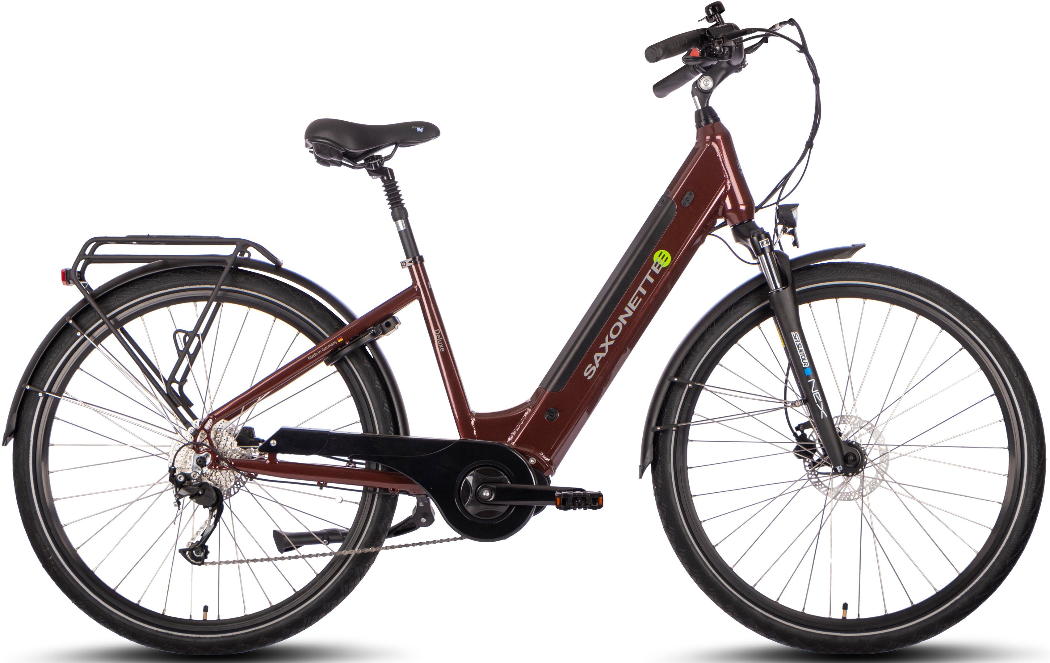 SAXONETTE E-Bike Deluxe Sport (Wave), 9 Gang Shimano Alivio Schaltwerk, Kettenschaltung, Mittelmotor, 418 Wh Akku