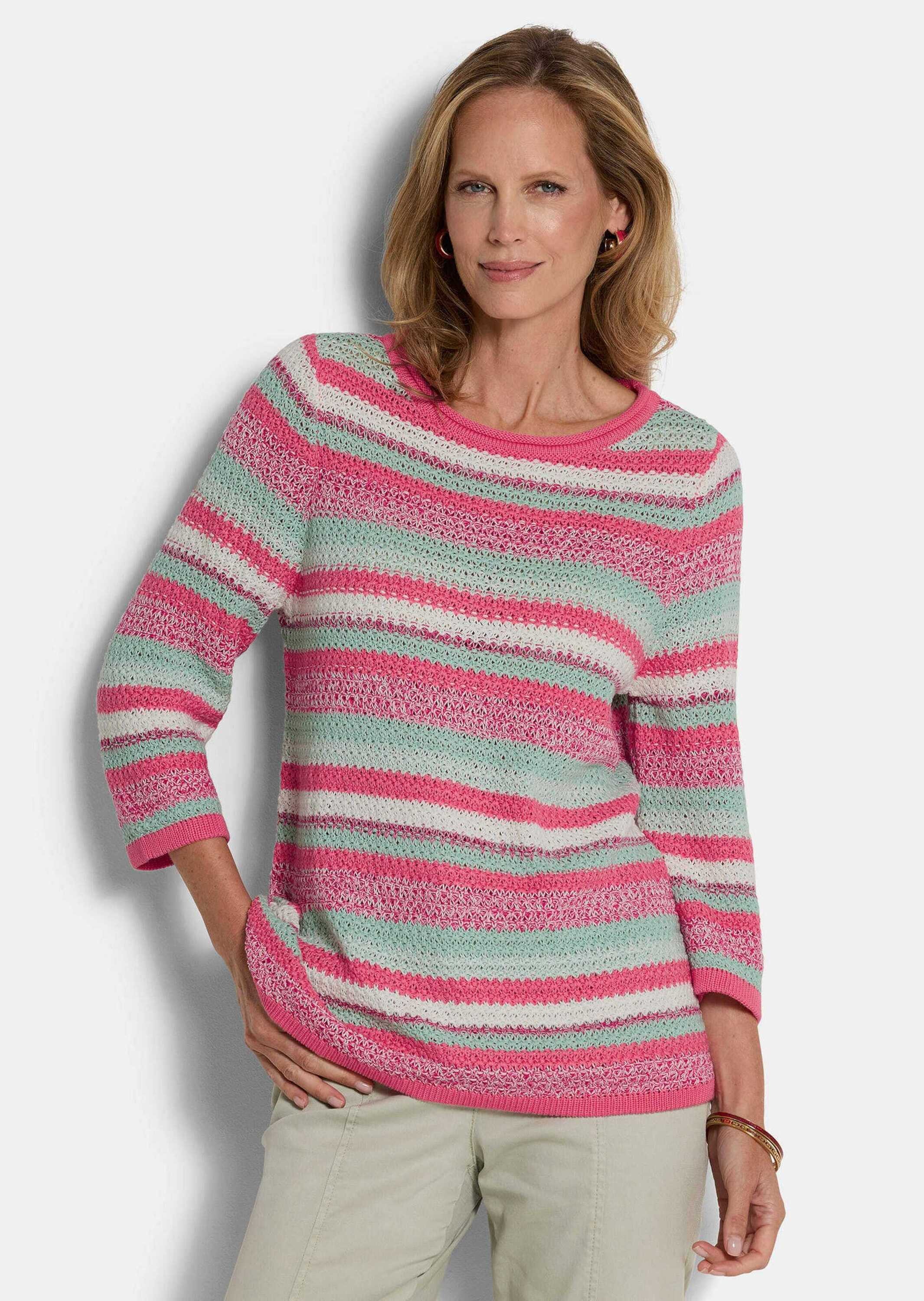 GOLDNER Strickpullover Baumwollpullover mit Ringel-Muster Ringelpullover mit U-Boot-Ausschnitt, Rollkante und 3/4-Arm