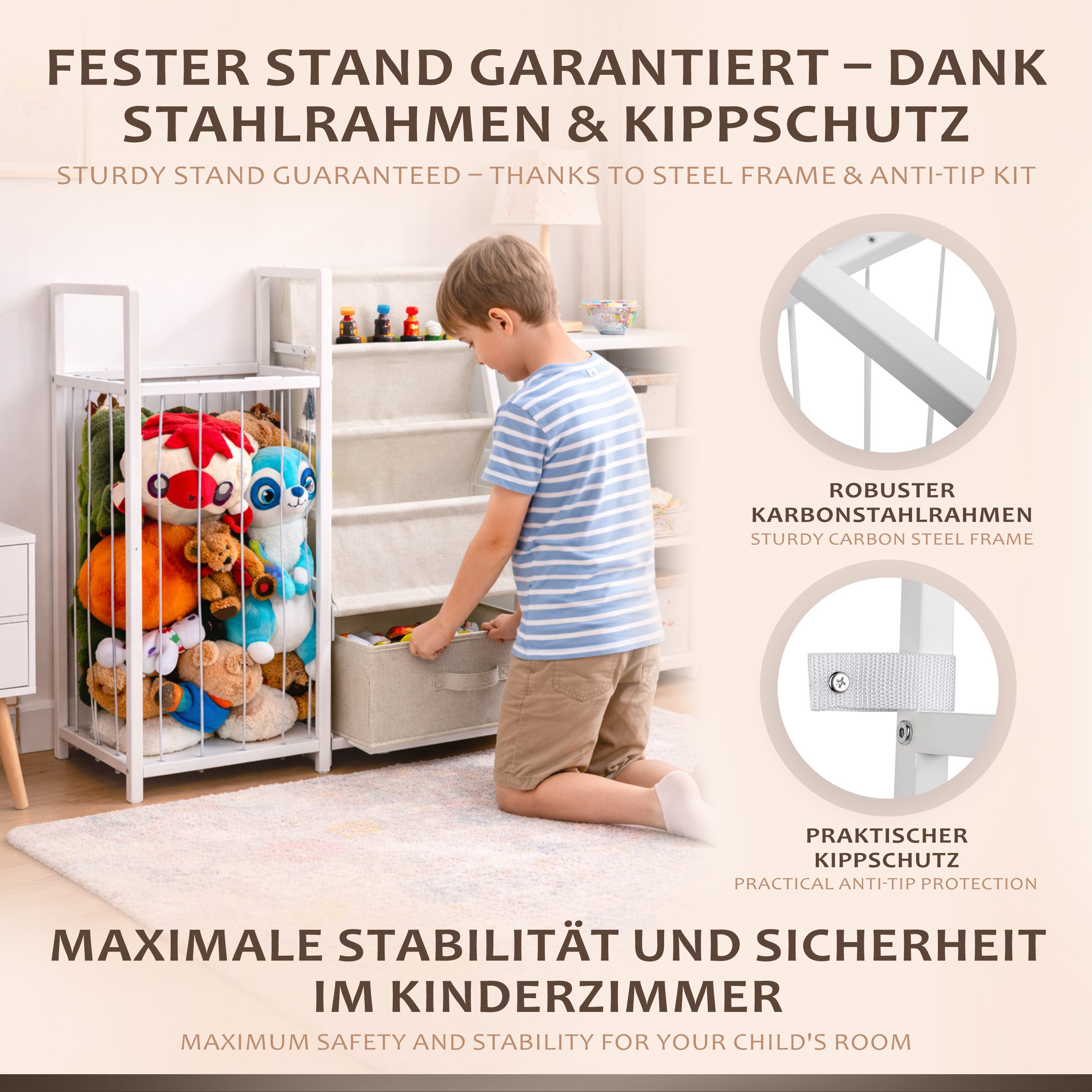 ONVAYA Kinderregal 4in1 Bücher-&Tonierregal, Kuscheltieraufbewahrung & Spielzeugorganizer, Maximale Belastbarkeit 14,5kg – Bild 4 von 5