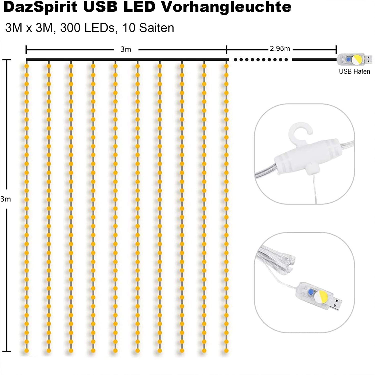 Oneid LED-Lichterkette LED String Vorhanglichter LED 8 Light 3x3m 300 Modi Lichterketten