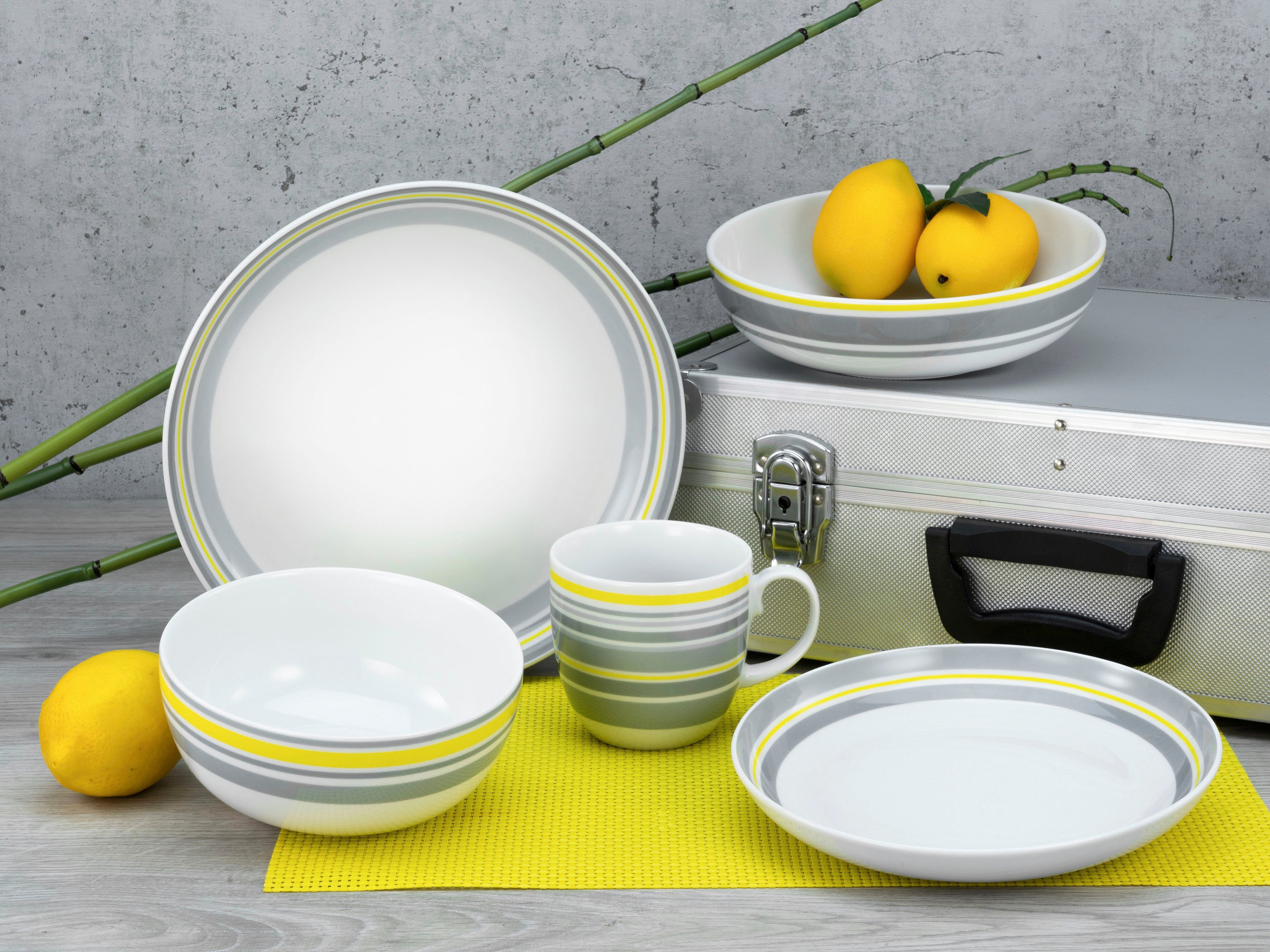 CreaTable Kombiservice Geschirr-Set Trend Line für mit gelb/grau, Porzellan, Service, 10 Personen Teile, 2 (10-tlg), in Bänderdekor Personen, 2