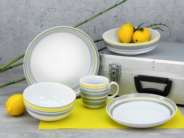 CreaTable Kombiservice Geschirr-Set Trend Line (10-tlg), 2 Personen, Porzellan, Service, mit Bänderdekor in gelb/grau, 10 Teile, für 2 Personen