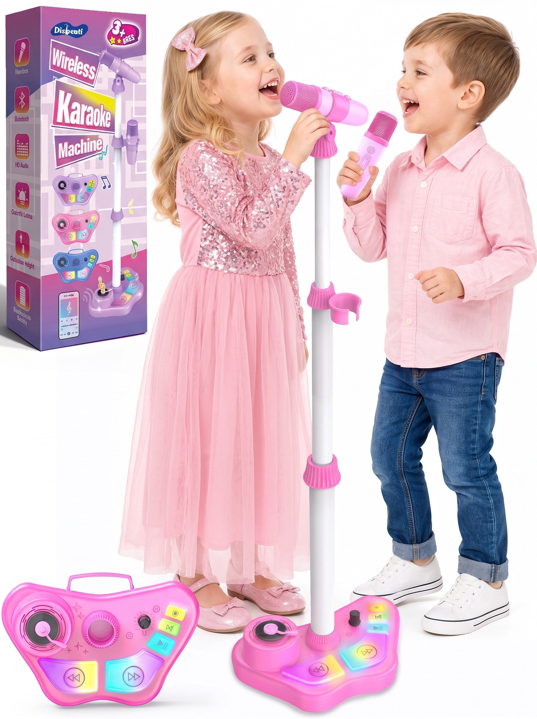 Wootoy Kinder Karaoke-Set 2 kabellosen Mikrofonen höhenverstellbarem Ständer Karaoke-Maschine (mit 5 Stimmeffekte Fußpedal LED-Lichteffekte integrierter Tragegriff)