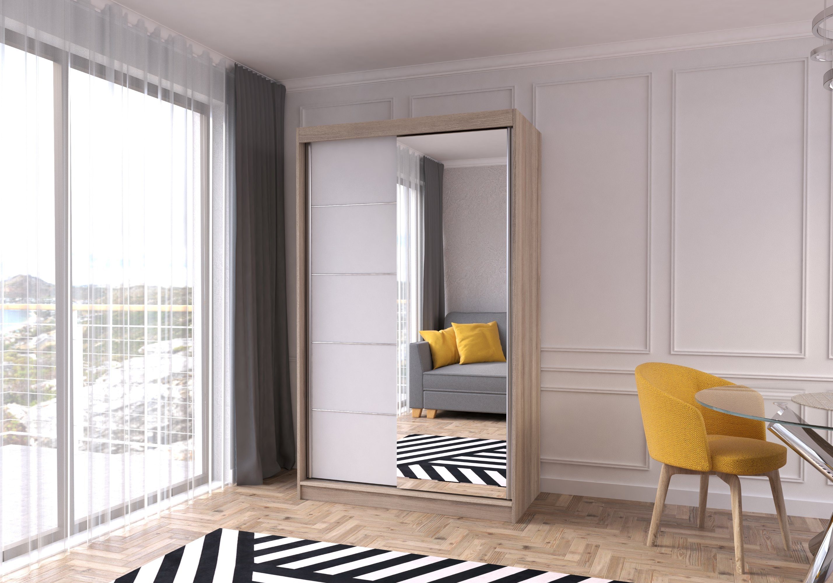 Eiche-weiß 120x200 (spiegel) Eiche-weiß Prime Home | eiche-weiß Polini Comfort (Spiegel) mit Spiegel Spiegeltü Schwebetürenschrank Schwebetürenschrank mit