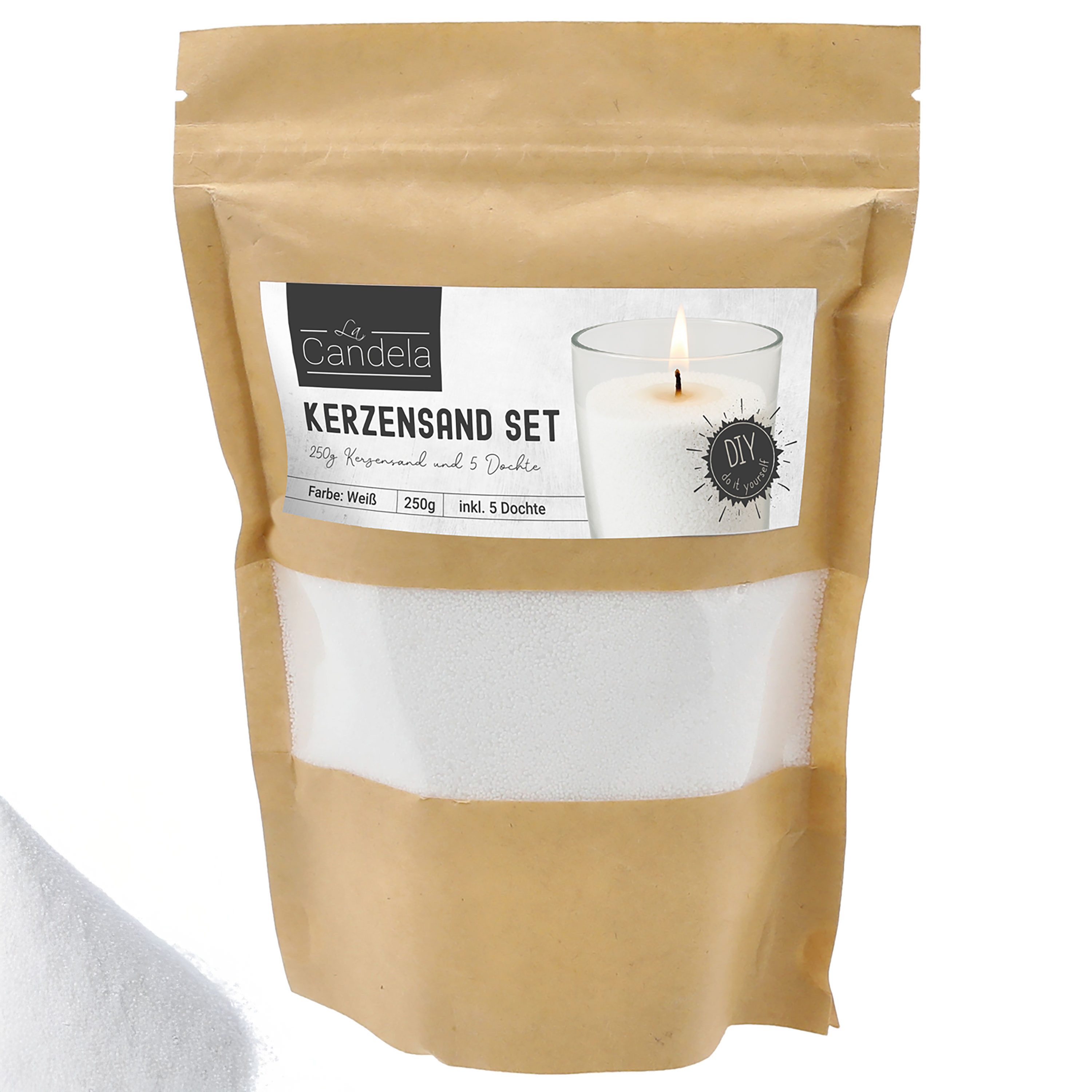 CEPEWA Formkerze DIY Kerzensand mit 5 Dochte 250gr weiß Paraffinwachs Sandgranulat – Bild 5 von 5