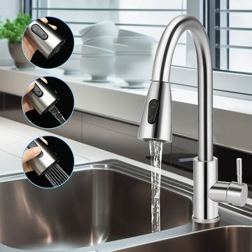 LETGOSPT Küchenarmatur Wasserhahn Küche, 360° Drehbar Hochdruck Küchenarmatur 3 Modus Küchenarmatur, 60cm Ausziehbar Küchenarmaturen