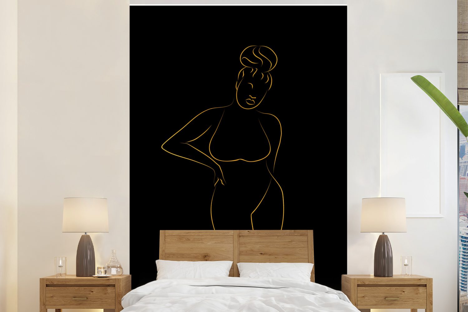 St), Matt, Gold Fototapete - Frau für - Wohnzimmer, Vinyl (3 Wandtapete MuchoWow - Strichzeichnung, Schwarz Montagefertig Tapete bedruckt,