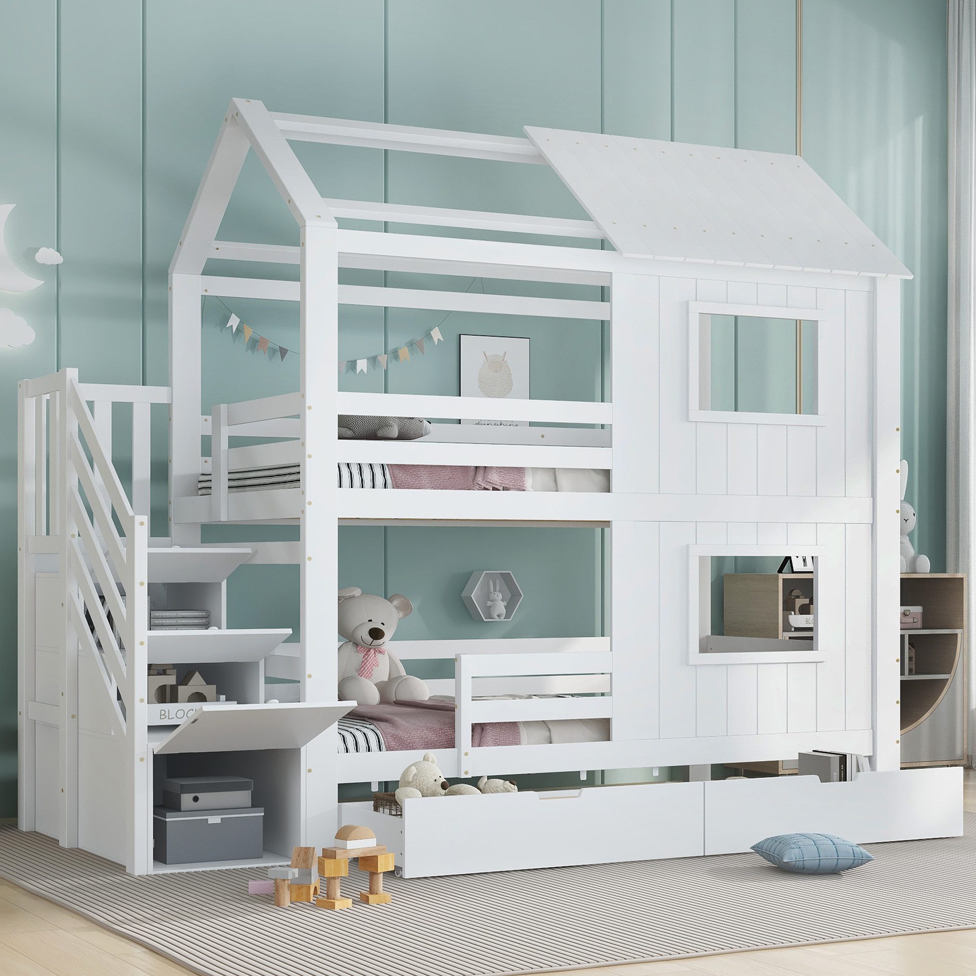 Flieks Etagenbett, Kinderbett Hausbett 90x200cm mit Schubladen, Stauraumtre günstig online kaufen