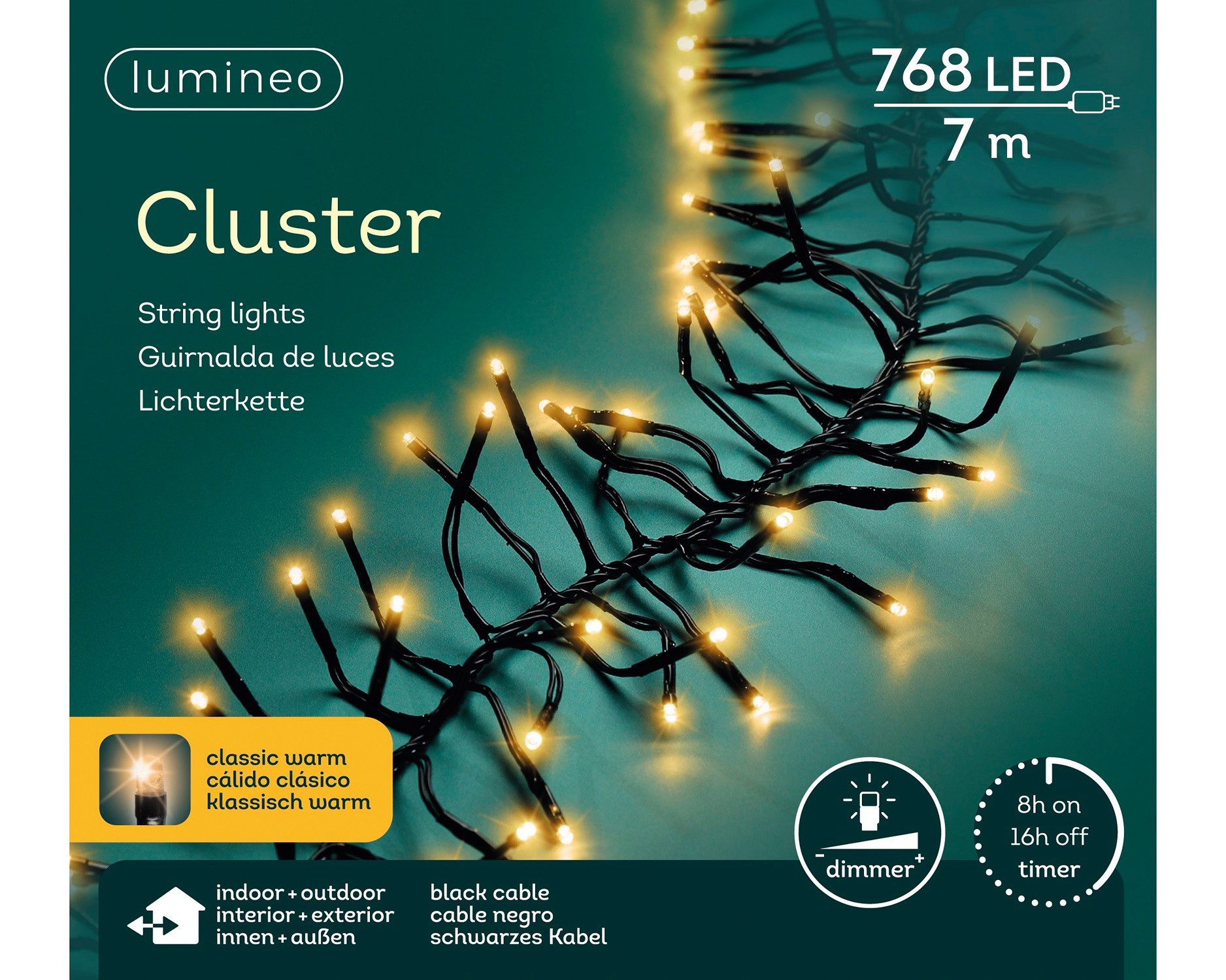 Lumineo LED-Lichterkette Lumineo Lichterkette CLUSTER 768 LED 7 m klassisch warm, schwarz, Indoor/Outdoor, dimmbar, 8h-Timer, + 5 m Zuleitung