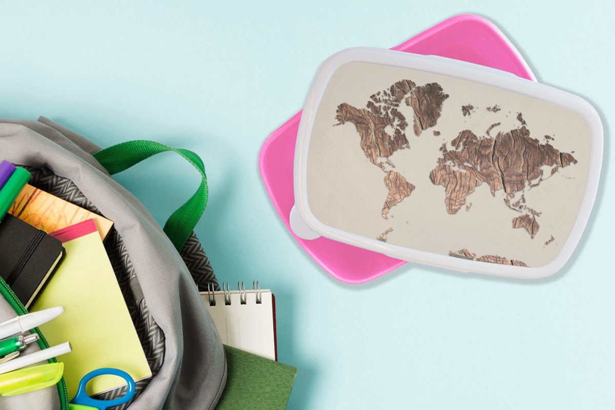 rosa Brotbox Lunchbox - Braun, Mädchen, Erwachsene, - (2-tlg), Weltkarte Kinder, MuchoWow Brotdose für Snackbox, Kunststoff Kunststoff, Holztafel
