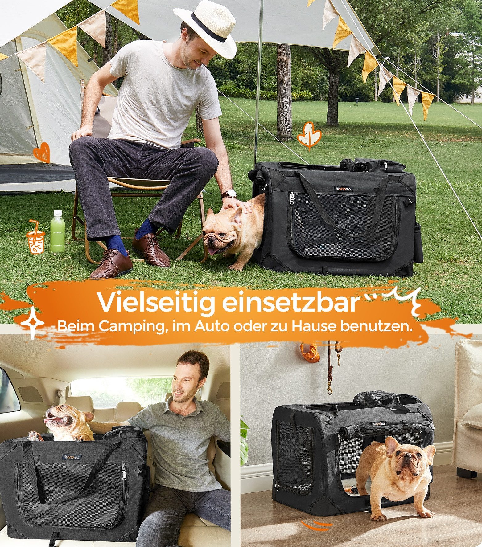 FEANDREA Tiertransporttasche Hundebox faltbar, Transportbox Hund, Hundetasche, mit Griffen, Taschen, S, Oxford-Gewebe, atmungsaktiv tragbar transportabel, 50 x 35 x 35 cm