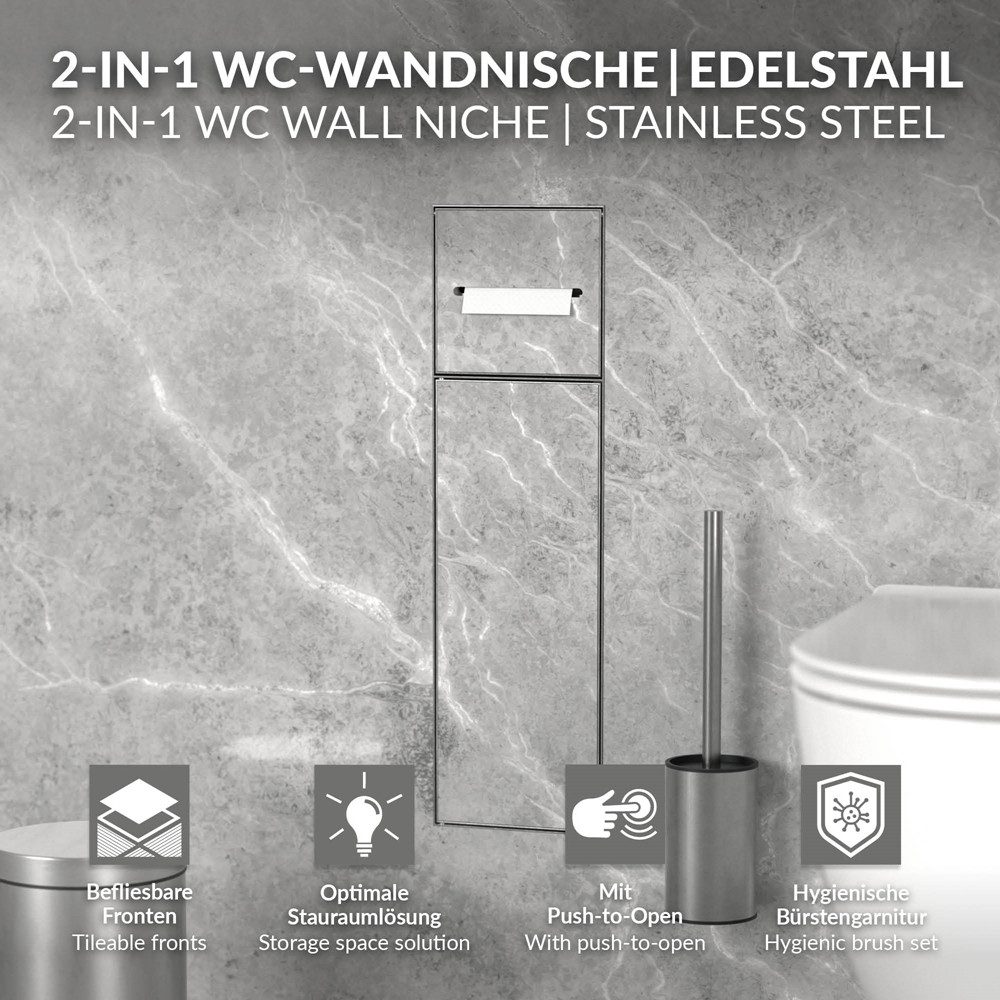 LuxeBath Toilettenpapierhalter Unterputz-Schrankmodul Edelstahl für Klobürstengarnitur befliesbar, Silber 60x20x14 cm Badezimmerschrank für Toilettenbürste WC W – Bild 2 von 5
