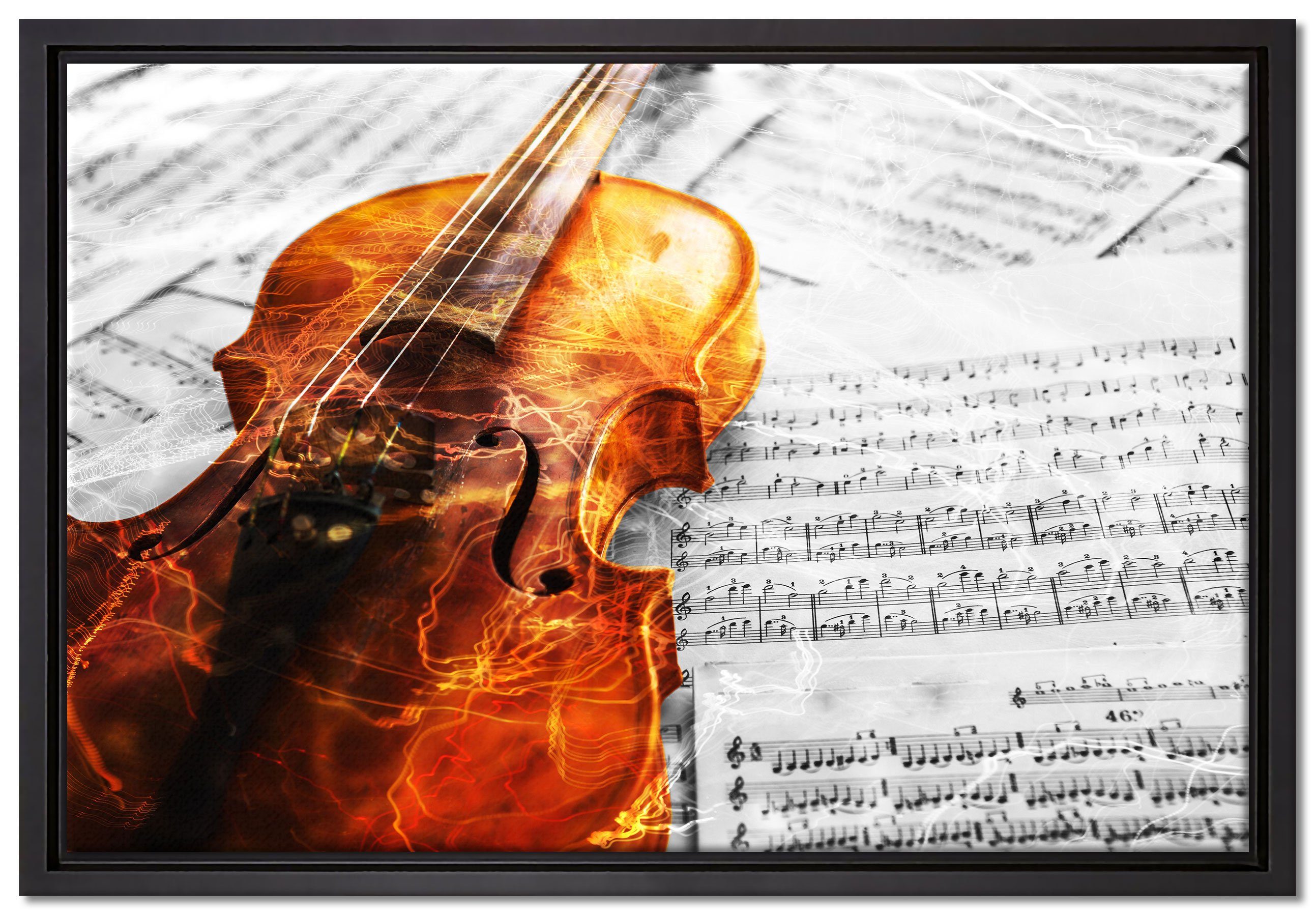 Pixxprint Leinwandbild Geige auf Notenblättern, Wanddekoration (1 St), Leinwandbild fertig bespannt, in einem Schattenfugen-Bilderrahmen gefasst, inkl. Zackenaufhänger | Leinwandbilder