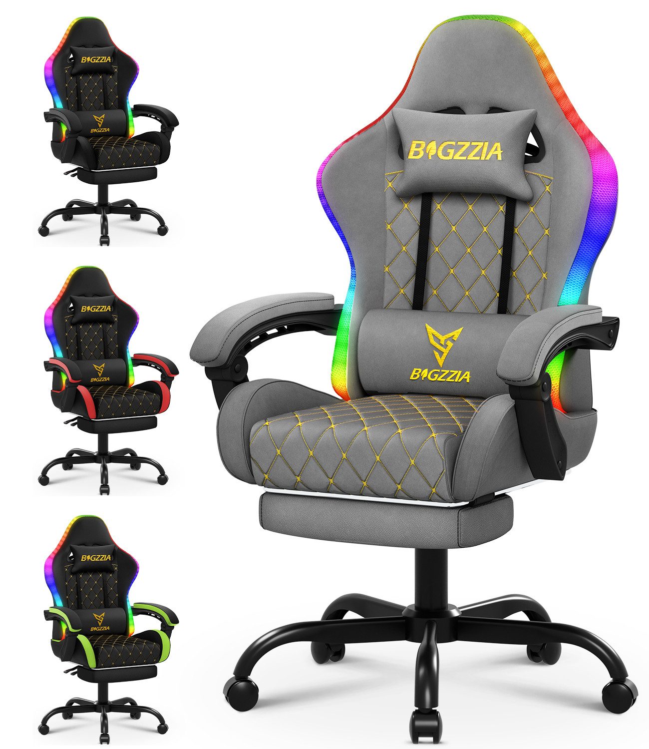ZAISZE Gaming-Stuhl Bürostuhl Gaming Chair mit LED Lichtleiste, Gamer Stuhl, Ergonomischer Bürostuhl,Kopfstütze und Lendenstütze