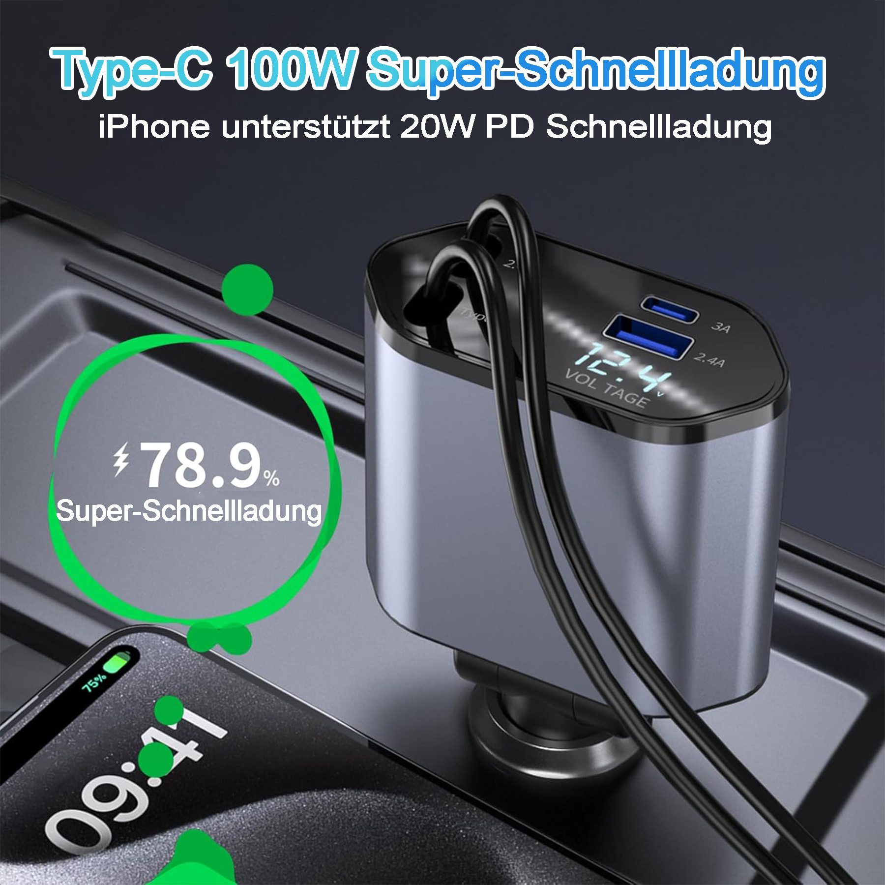 Senmudi 4-in-1 Auto Ladegerät Zigarettenanzünder,Einziehbares Schnellladegerät Auto-Adapter, Google Pixel, iPad, KFZ Zubehör