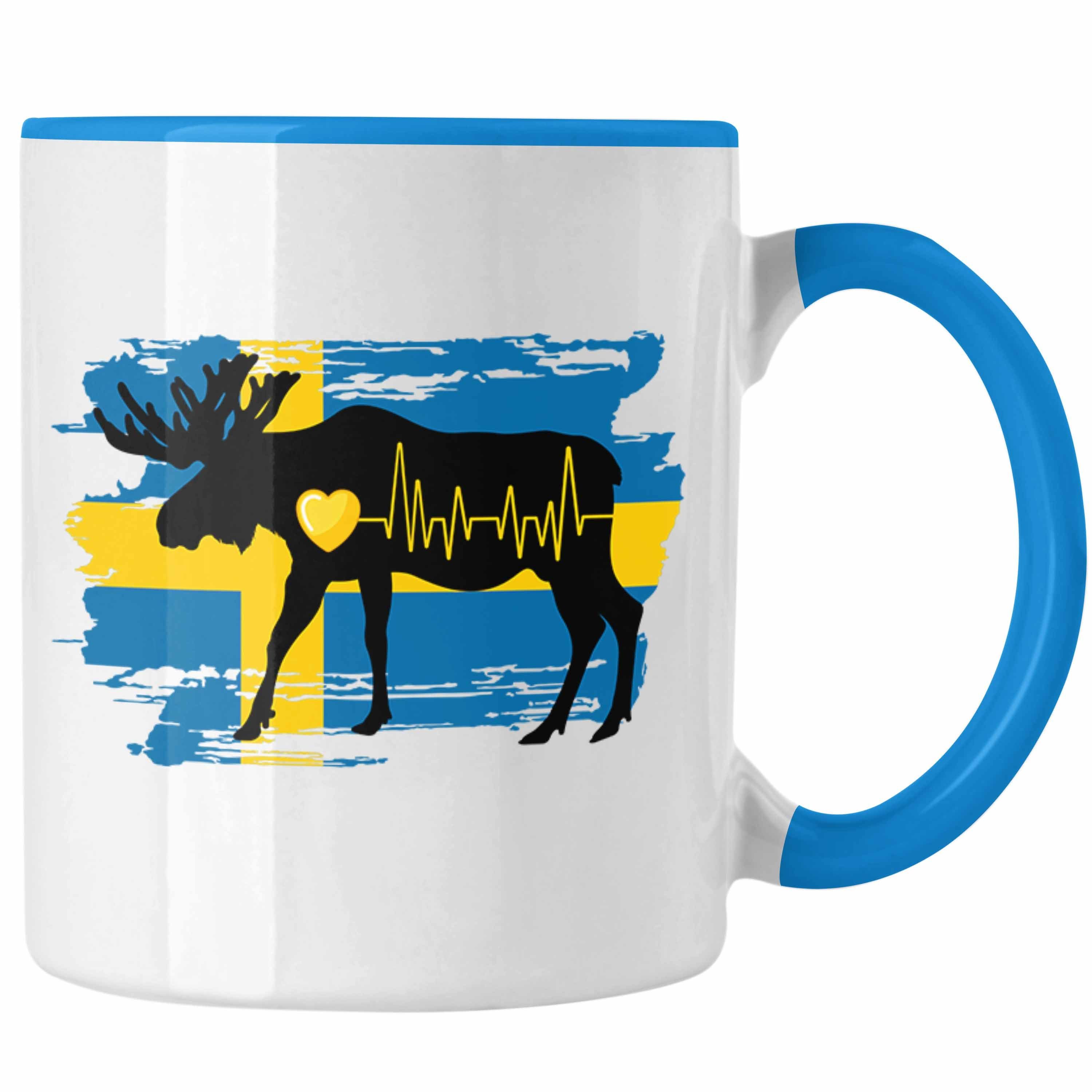 Trendation Tasse Trendation - Schweden Elch Herzschlag Tasse Geschenk für Schweden-Fans Blau | Teetassen