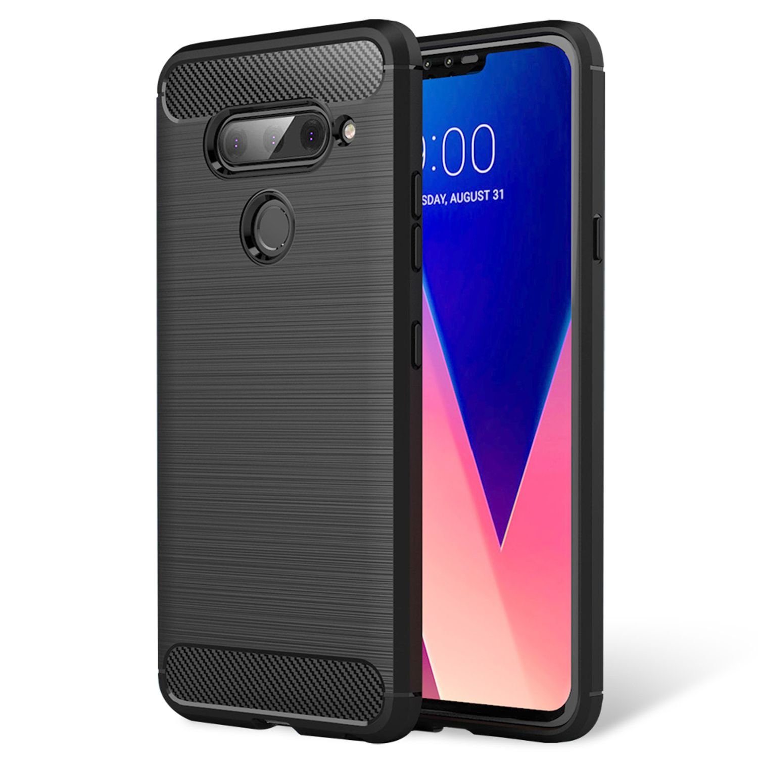 Nalia Smartphone-Hülle LG V40 ThinQ, Carbon Look Silikon Hülle / Matt Schwarz / Rutschfest / Karbon Optik