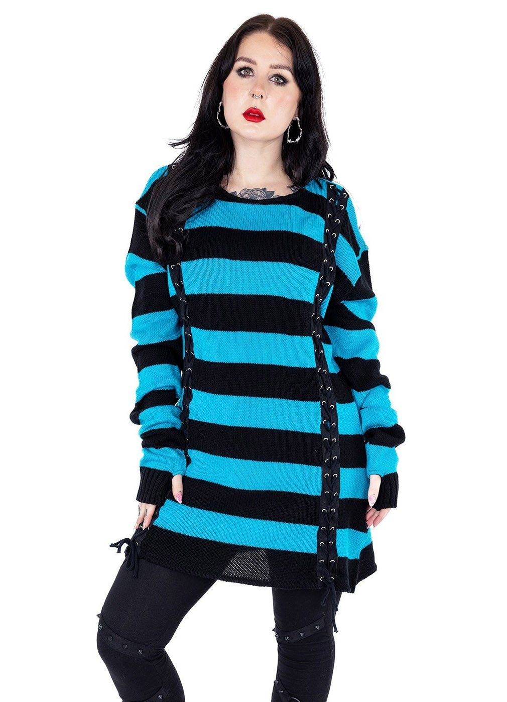Pullover Gothic Rot Schwarz Gestreifter Pullover Damen Vixxsin