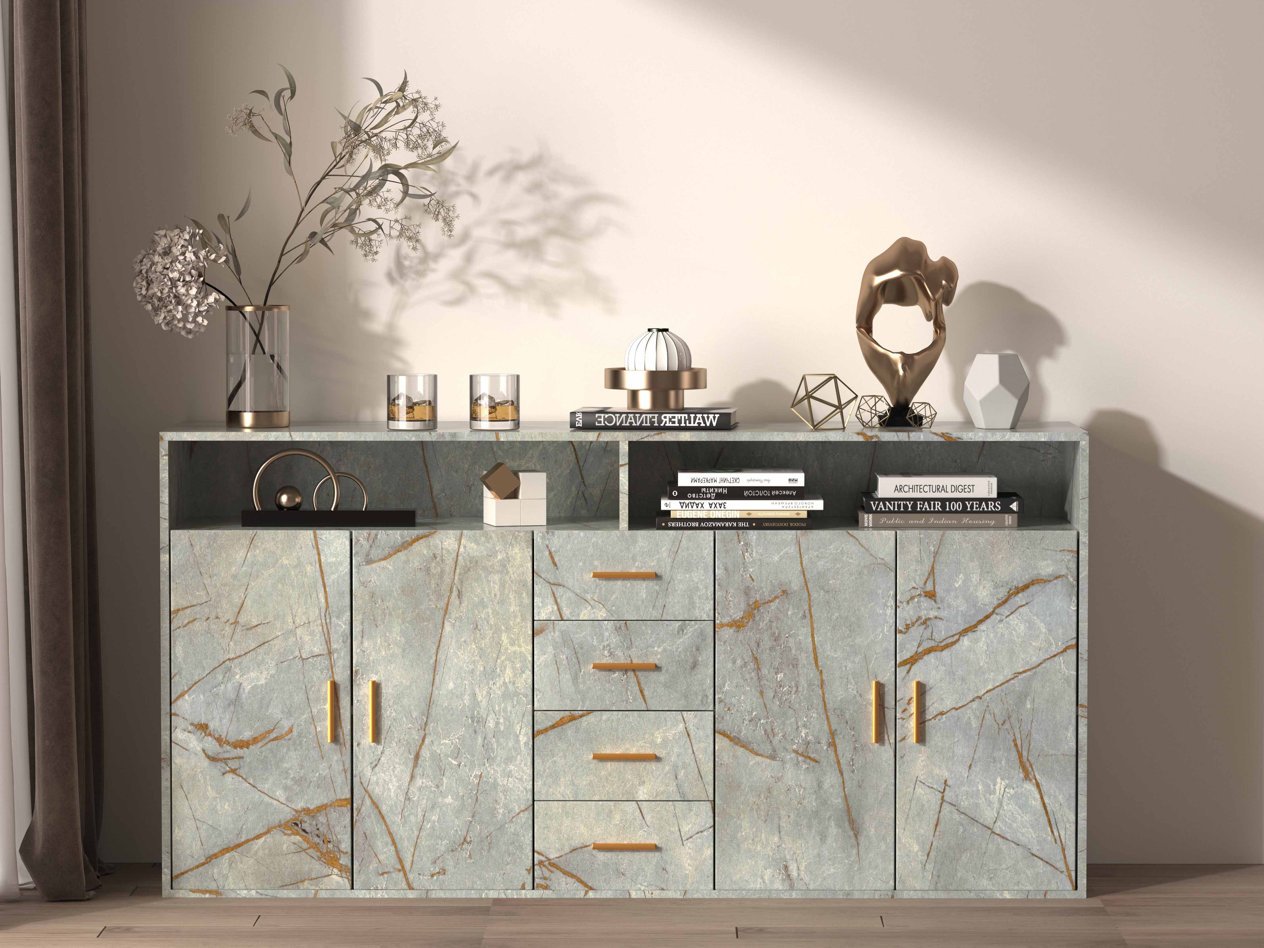 HOMAVO Sideboard BG1-L mit 4 Schubladen, 2 Türen & offenen Fächern – 160 cm günstig online kaufen