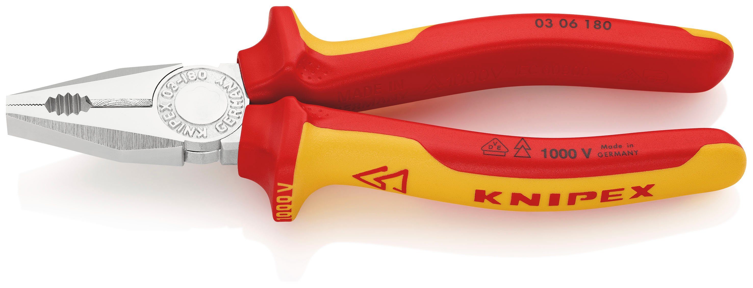 VDE-geprüft mm 06 Mehrkomponenten-Hüllen, 03 Knipex mit Kombizange 1-tlg., 180 180, isoliert verchromt,