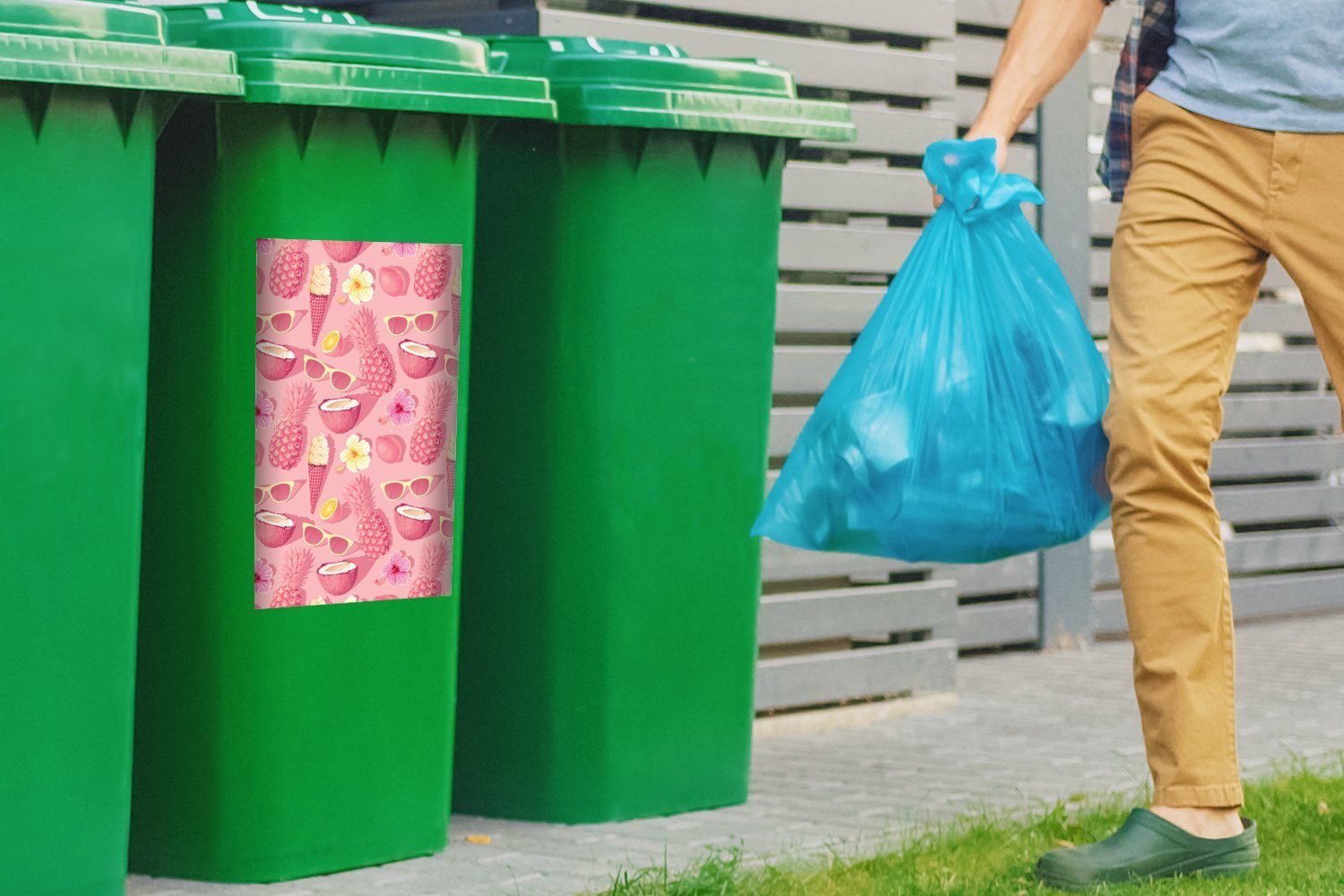 Mülltonne, Sommer - - Container, Wandsticker Abfalbehälter Sticker, Muster - St), Pastell Mülleimer-aufkleber, MuchoWow Rosa (1