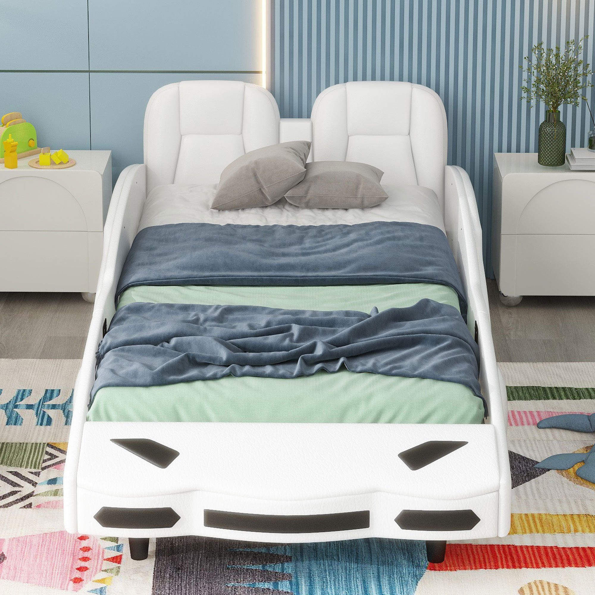 Ulife Autobett Kinderbett Kunstleder Spielbett Rausfallschutz, Flachbett Weiß 90×200cm, mit