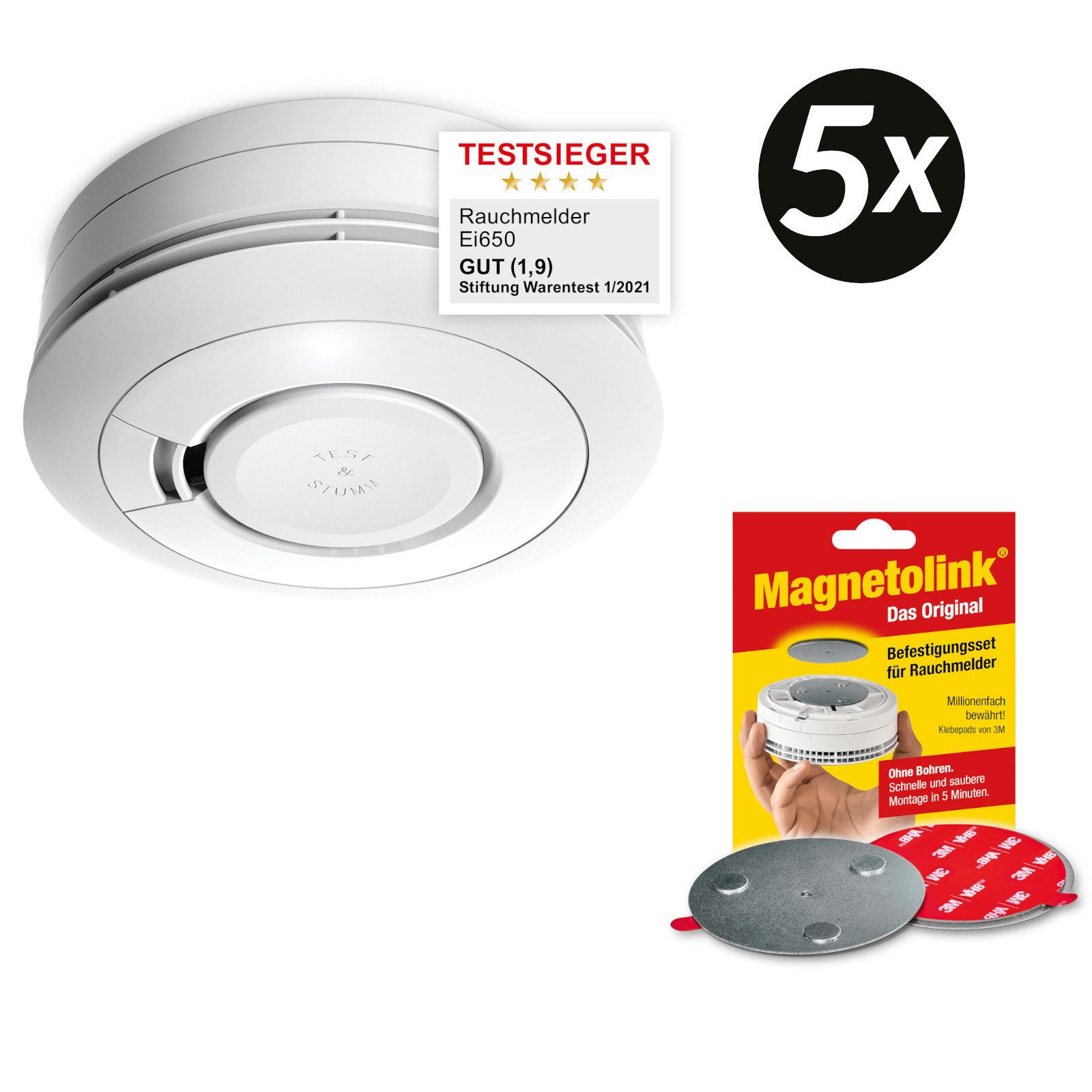Ei Electronics 5x Ei Electronics Ei650 Rauchmelder inkl. Magnetolink Befestigungsset Rauchmelder