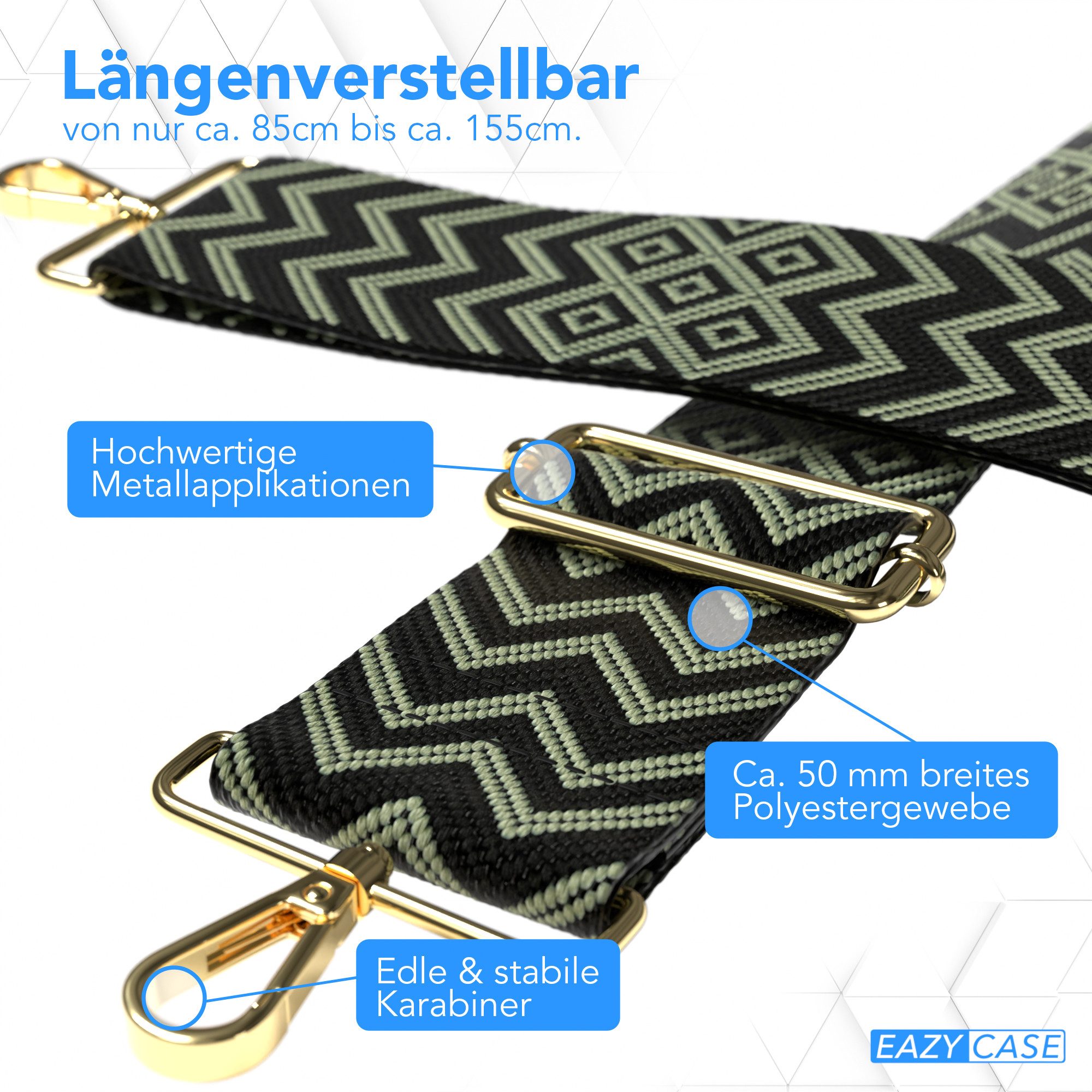 EAZY CASE Schulterriemen Schultergurte für Taschen gemustert Body Bag Wechselband Ersatzgurt mit Karabinerverschluss Metall Schwarz