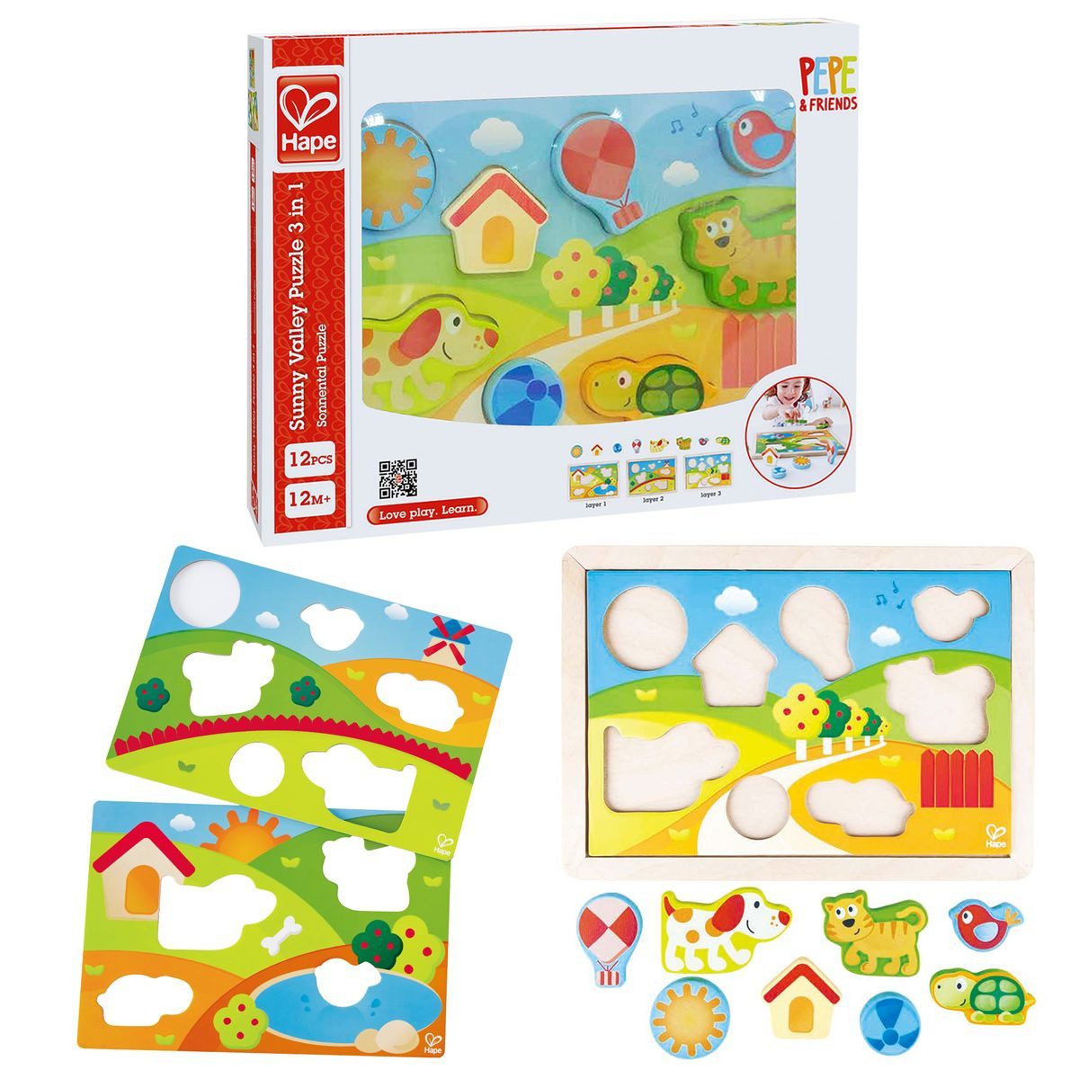Hape Puzzle Hape Kinderpuzzle 3in1, Puzzleteile