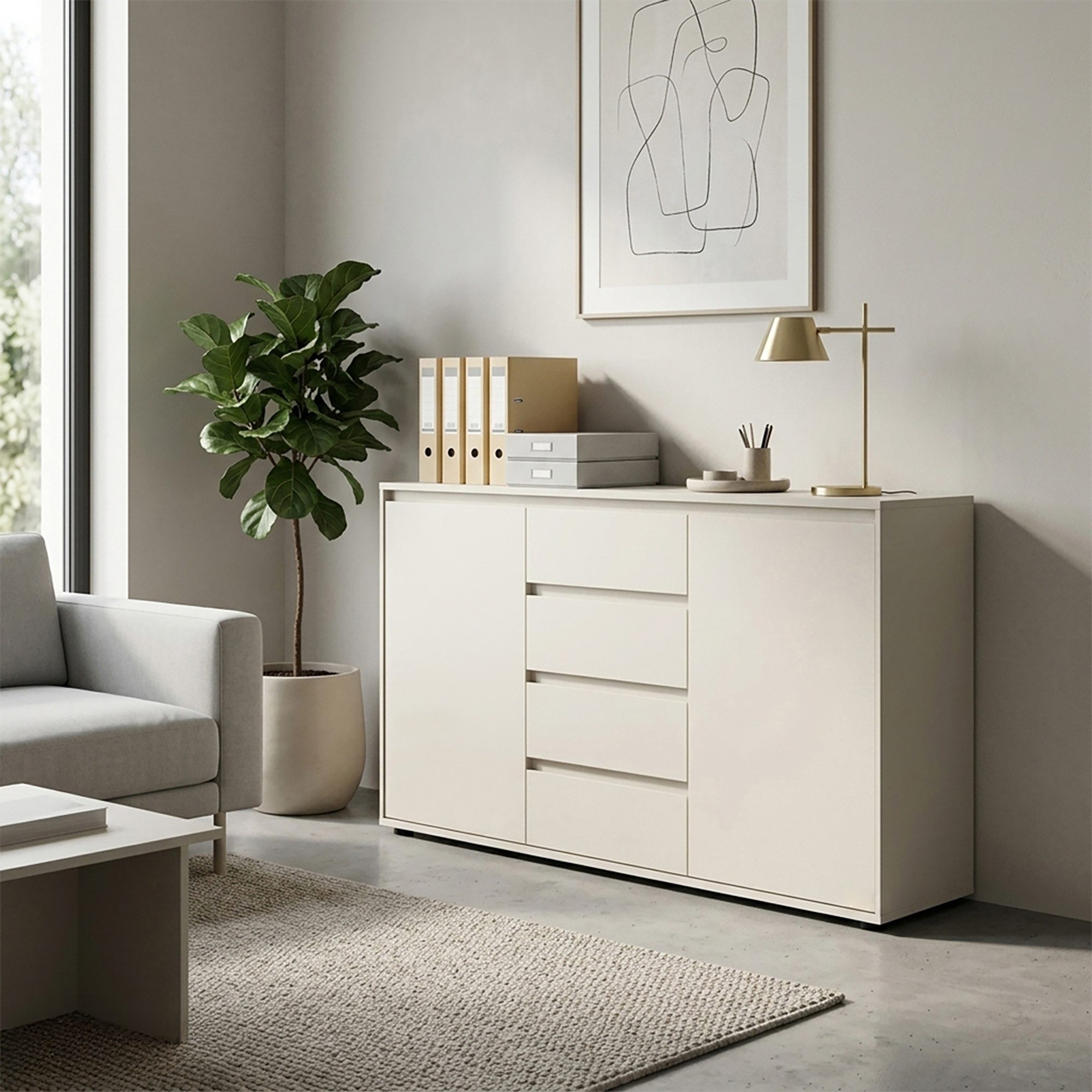 Lomadox Sideboard ZOLLINO-129, in Beige, 137 cm breit mit 2 Türen & 4 Schubladen