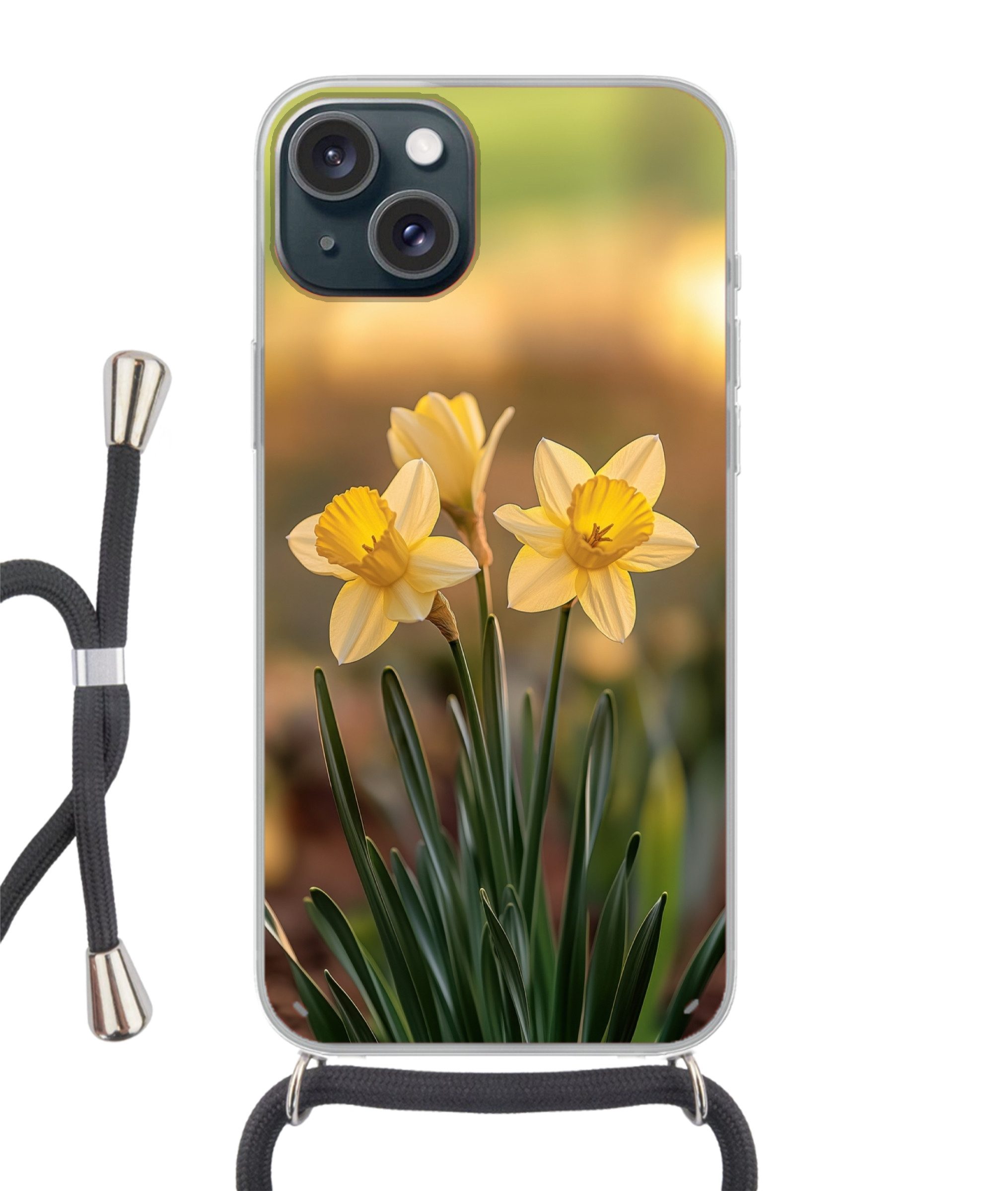 MuchoWow Handyhülle für Apple iPhone 15 Blumen - Gelb - Unscharf, Tragbare Handyhüllen mit Kette zum umhängen, Handykette Handyband