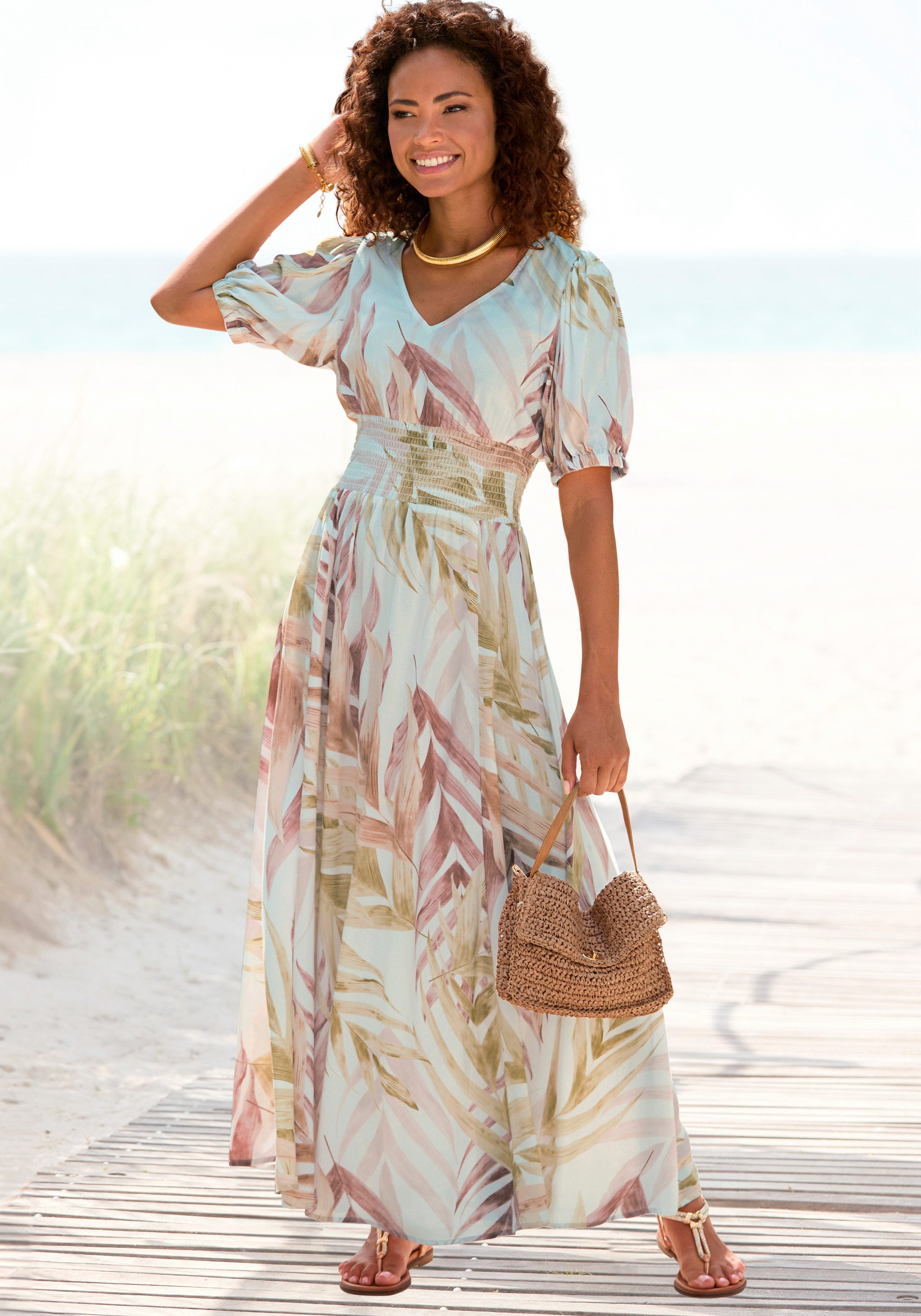 LASCANA Maxikleid mit Alloverdruck und V-Ausschnitt aus Webware Sommerkleid mit Puffärmeln, Elegantes Webkleid, Strandkleid