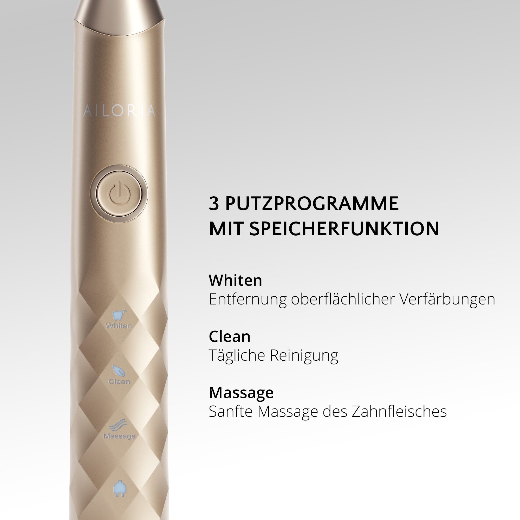 AILORIA Schallzahnbürste SHINE BRIGHT USB-Schallzahnbürste, Aufsteckbürsten: 2 St., Dynamische Reinigungswirkung