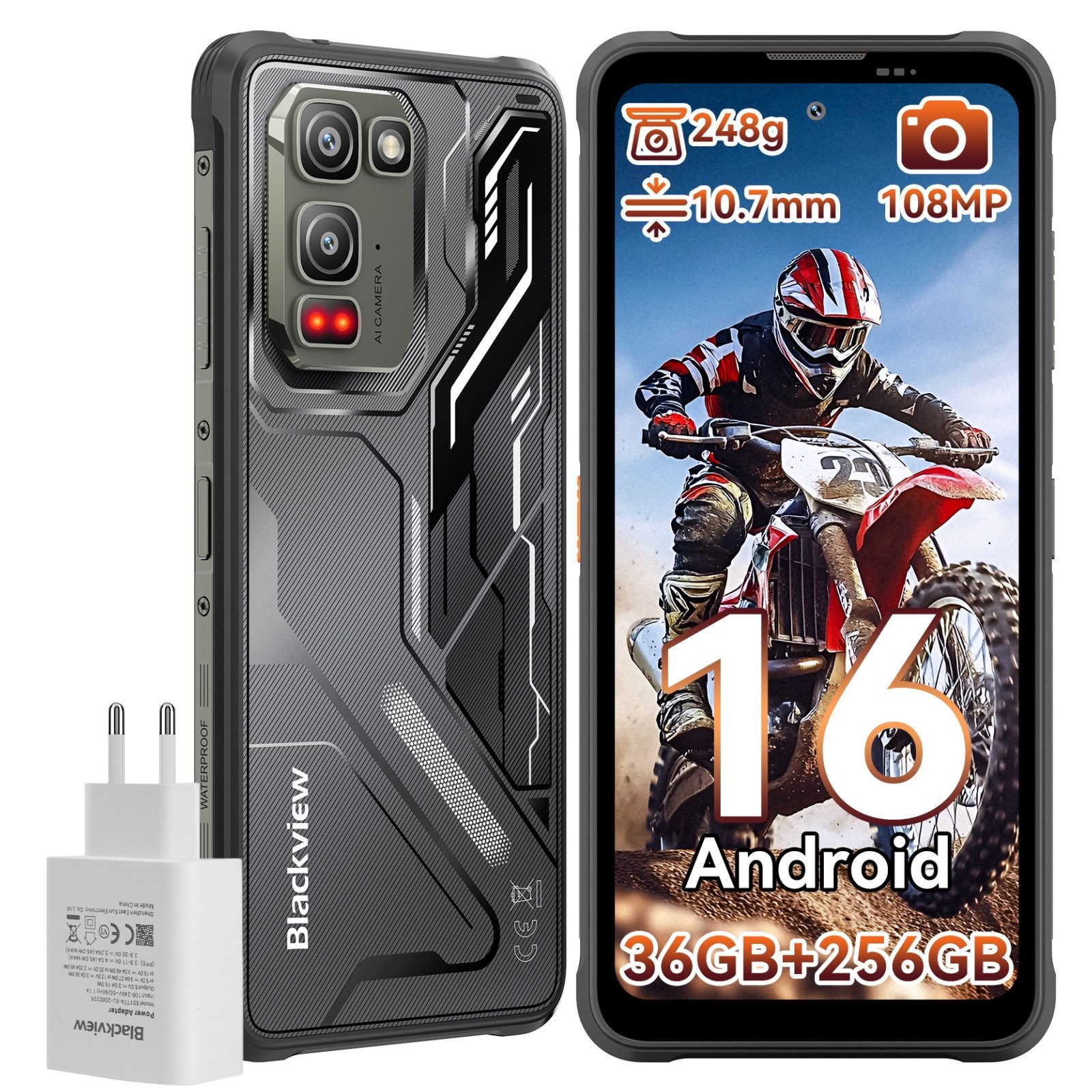 blackview Android 16, 108 MP Hauptkamera, AI inkl. 45W Outdoor Handy (6,78 Zoll, 256 GB Speicherplatz, 108 MP Kamera, Amdroid 16, 108MP, 120Hz, IP68/IP69K, NFC, Night vision)