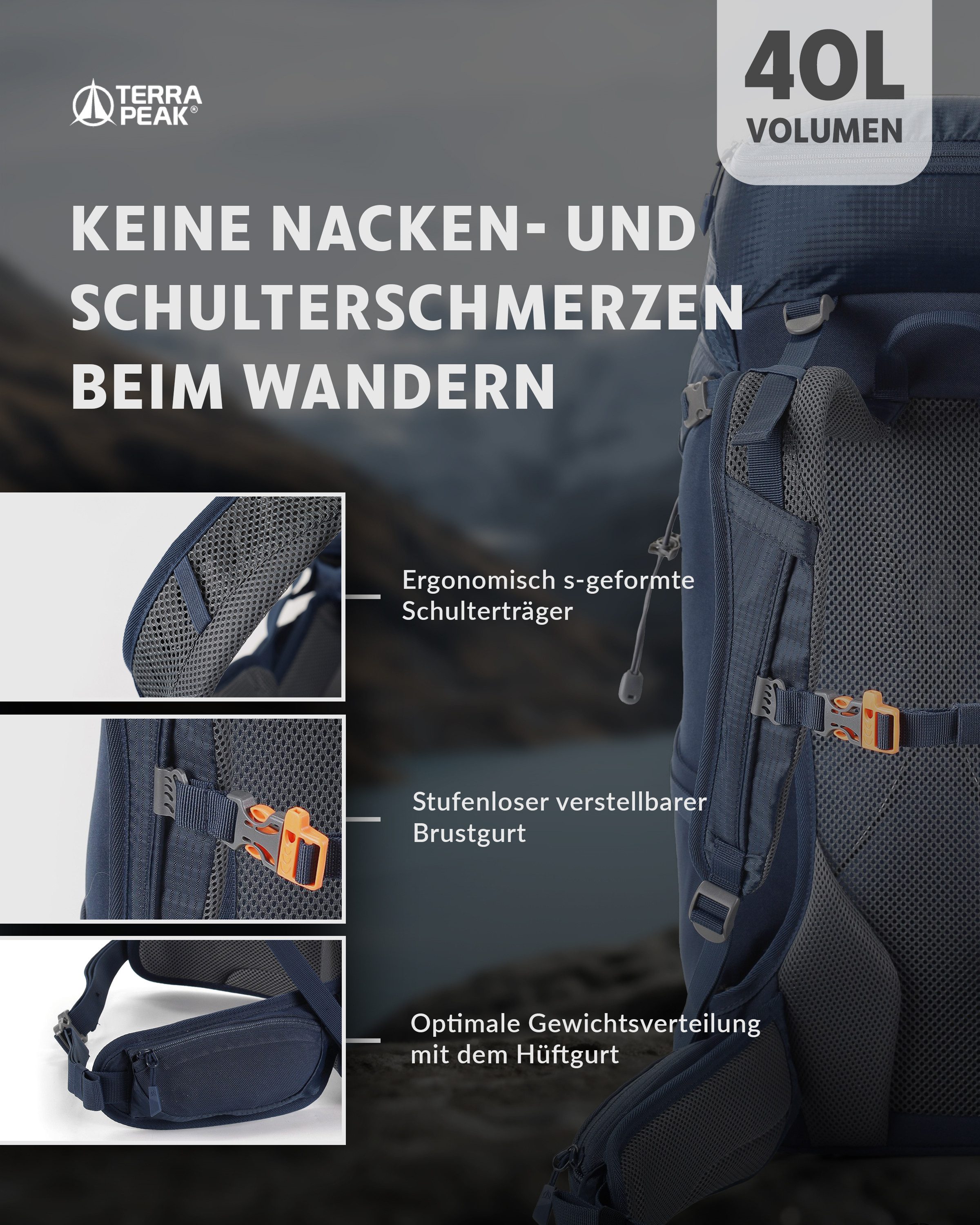 Terra Peak Wanderrucksack Airant 40, Rucksack mit belüftetem Netzrücken groß, 40 Liter