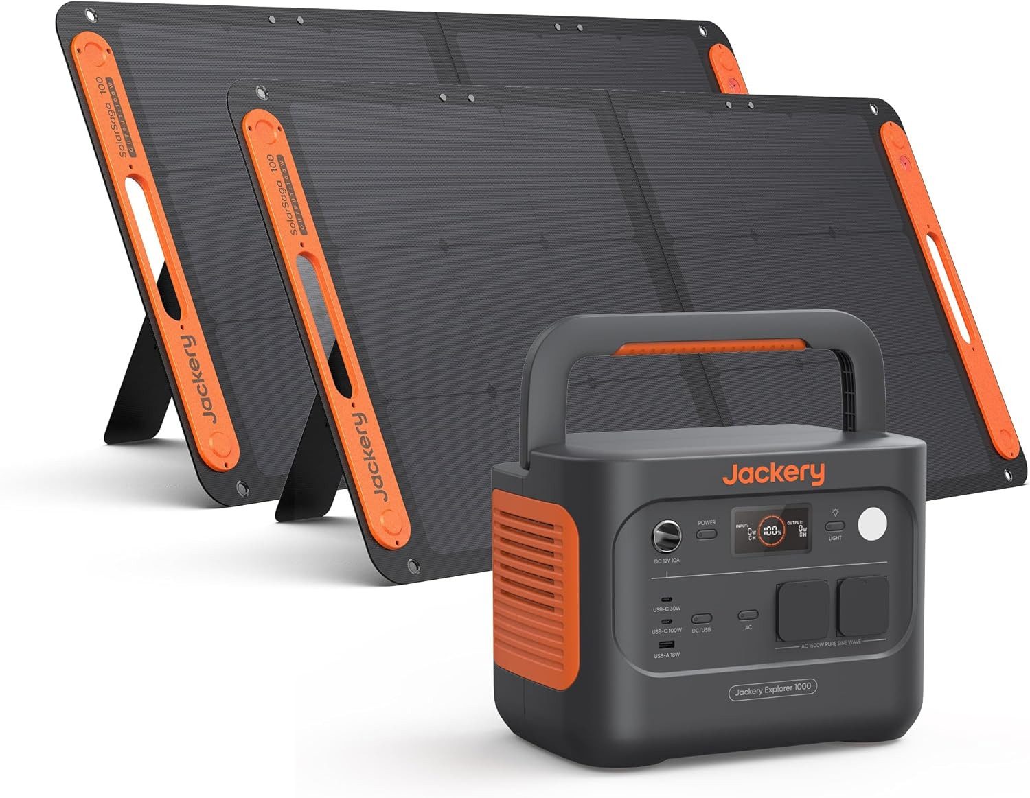 Jackery Solargenerator 1000 v2 Tragbare Powerstation mit 2x100W Solarpanel, 1070Wh LiFePO4 1500W AC/100W USB-C Ausgang 30400 mAh (12, 230 V), 1 Std. Schnellladung für Camping, Wohnmobil, Notfall