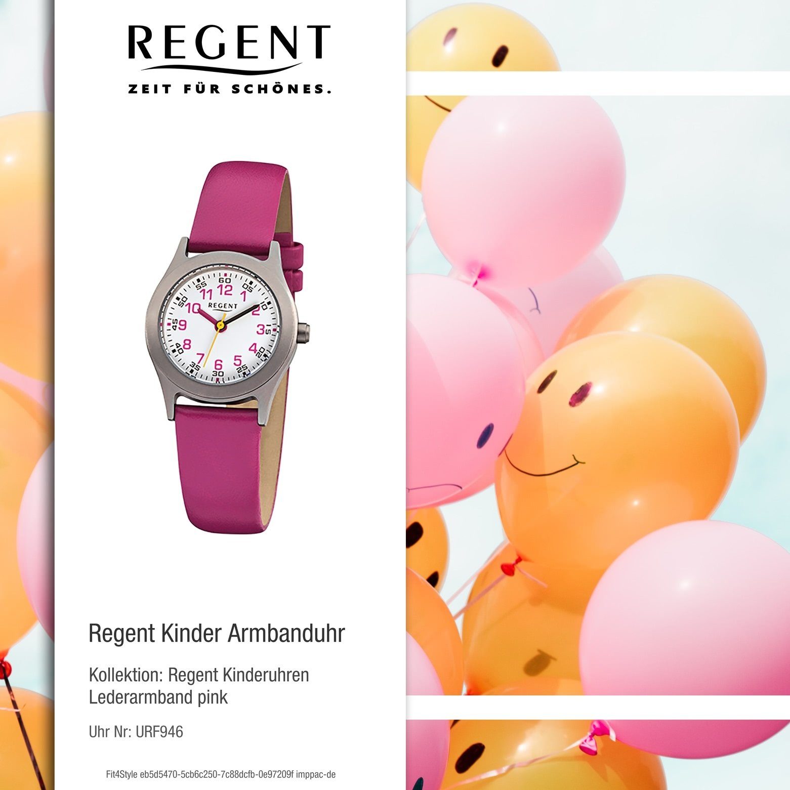rund, Analog 26mm), (ca. Kinder Regent Quarzuhr Regent pink Lederarmband Kinder-Armbanduhr klein F-946, Armbanduhr