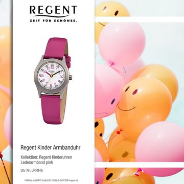 Regent Quarzuhr Regent Kinder-Armbanduhr pink Analog F-946, (Analoguhr), Kinder Armbanduhr rund, klein (ca. 26mm), Lederarmband