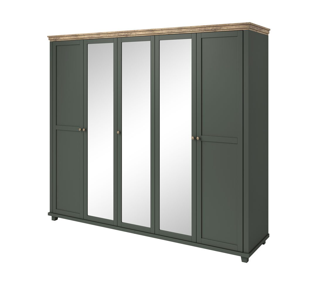 Helvetia Kleiderschrank Elda (mit Türen, mit Einlegeböden, mit Kleiderstangen, 1-St., moderne Optik, 5-türig mit Spiegel) 246x62x216cm grün / Eiche Lefkas 5-türig mit 3 Spiegeln