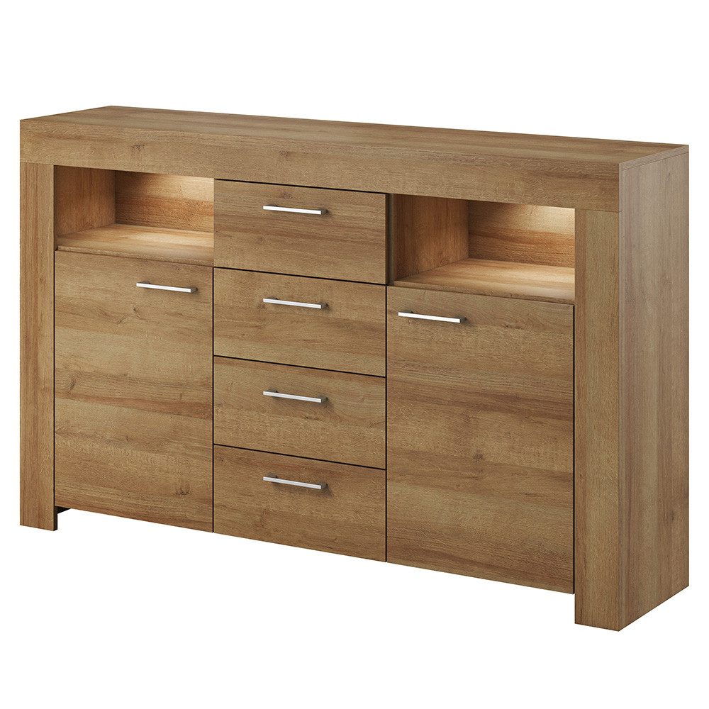 Lomadox Sideboard STEGNA-160, Eiche Nb., 155 cm breit, 2 Türen, 4 Schubladen, inkl. Beleuchtung