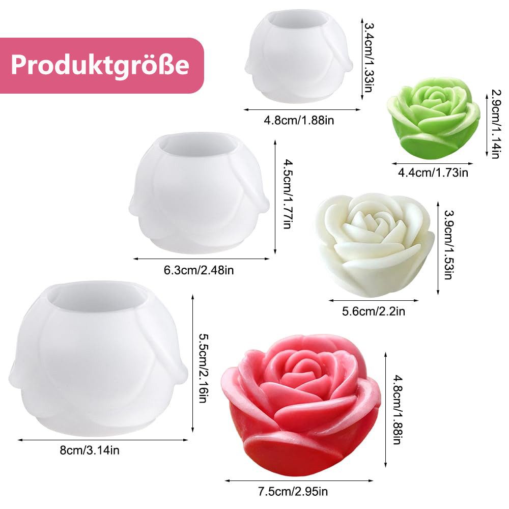 FOUORTUNATE-BEE Silikonform 3 Stück Silikonform Rose Kerzen Formen Silikonform Blumen, (3-tlg), für handgefertigte Duftkerzen, Seifen, Gips- und Harzhandwerk