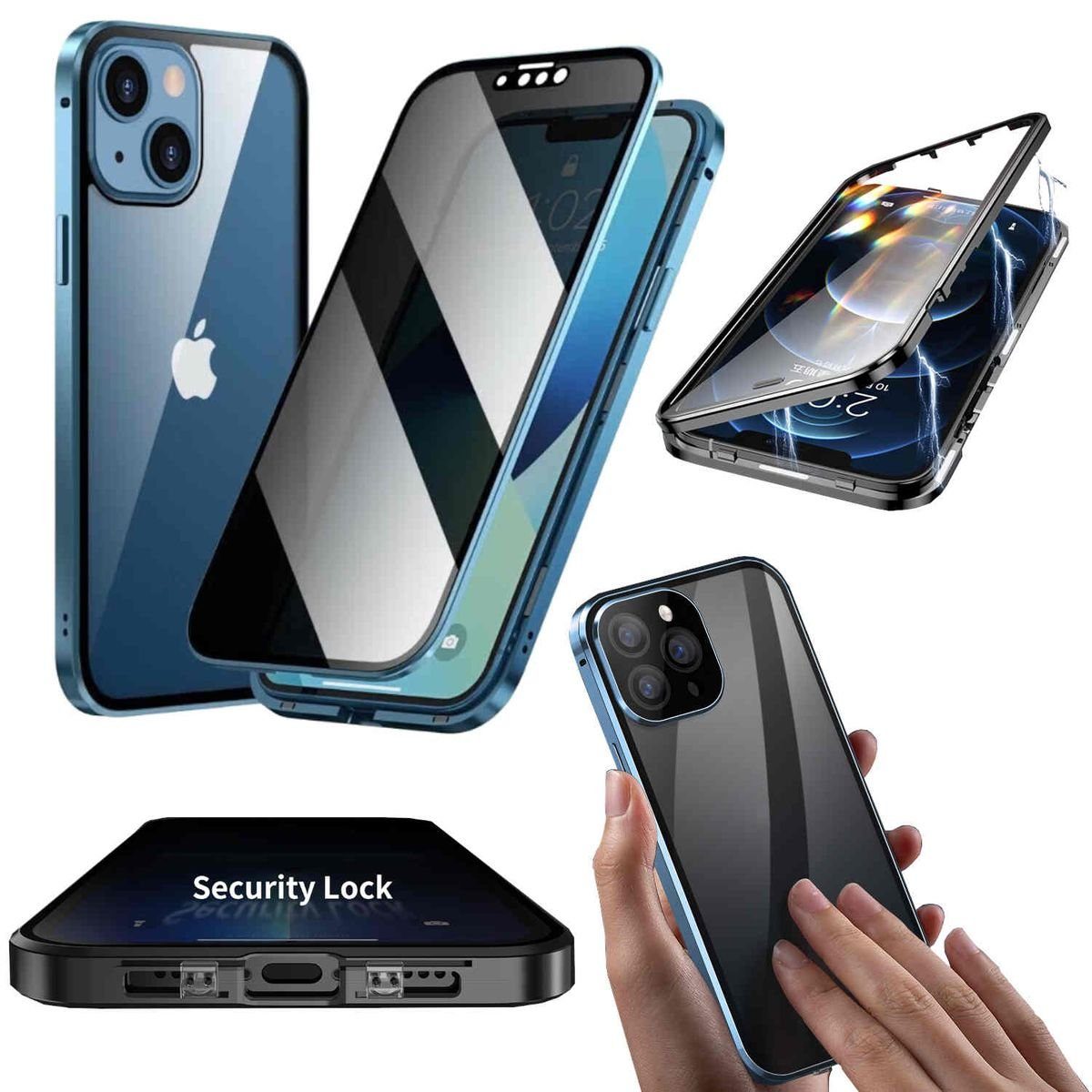Wigento Handyhülle Für Apple iPhone 15 360 Grad Privacy Magnet Glas Bumper Handy Hülle