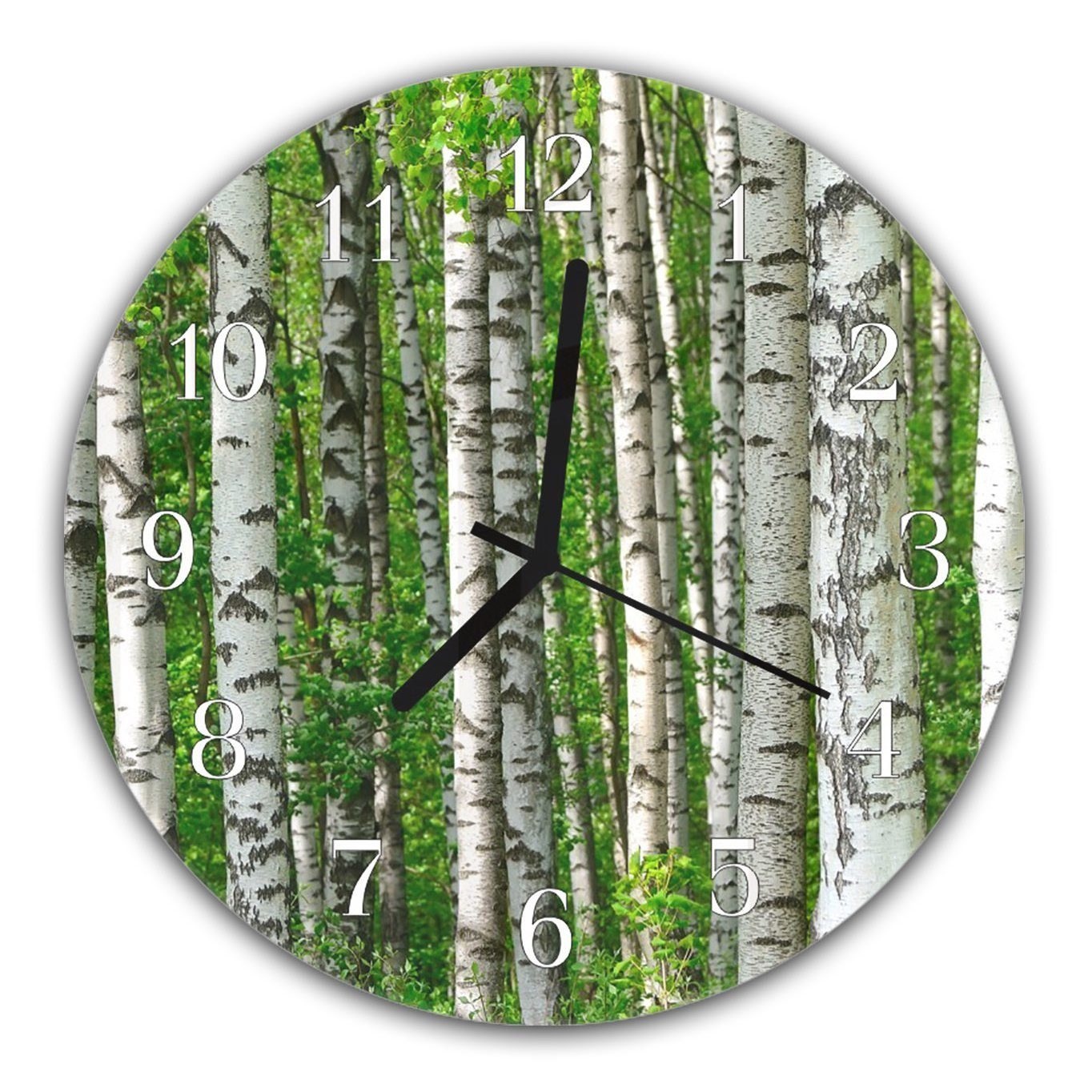 Primedeco Wanduhr Wanduhr aus Glas mit Motiv Bäume im Birkenwald - Rund mit Durchmesser 30 cm und Quarzuhrwerk