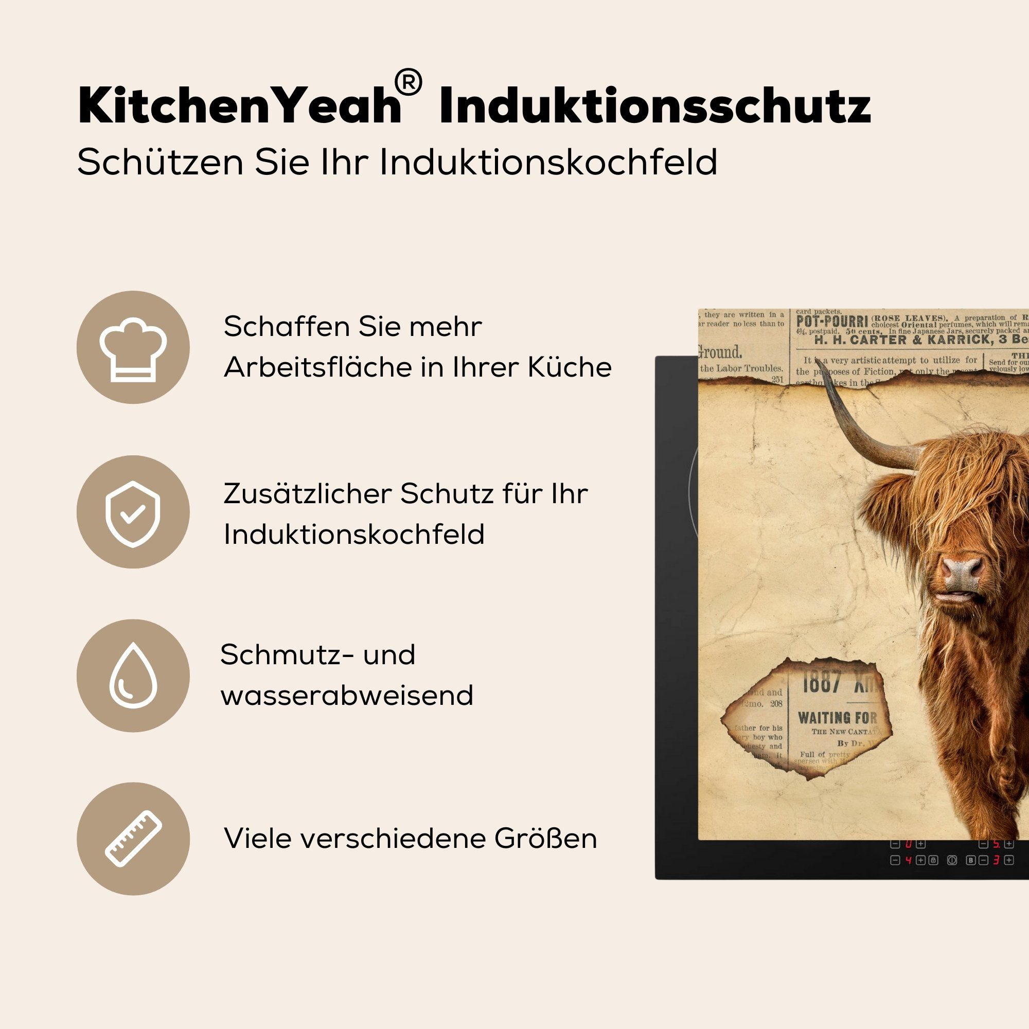 MuchoWow Herdblende-/Abdeckplatte Schottischer Highlander Ceranfeldabdeckung cm, Induktionsmatte für - die küche, Vinyl, 59x52 Kuh, Vintage - (1 tlg)