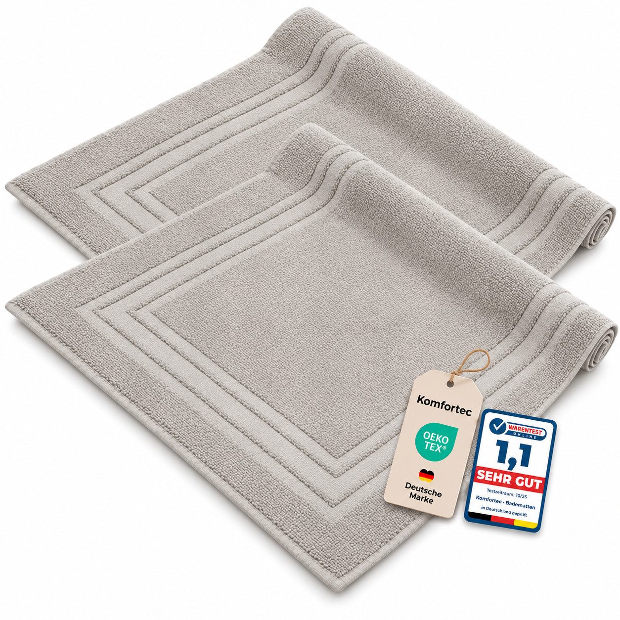 Komfortec Badematte 2er Badetuch Set aus 100% Baumwolle 50x70 cm Extra Weich & Saugstark, Rechteckig, 600 g/m²