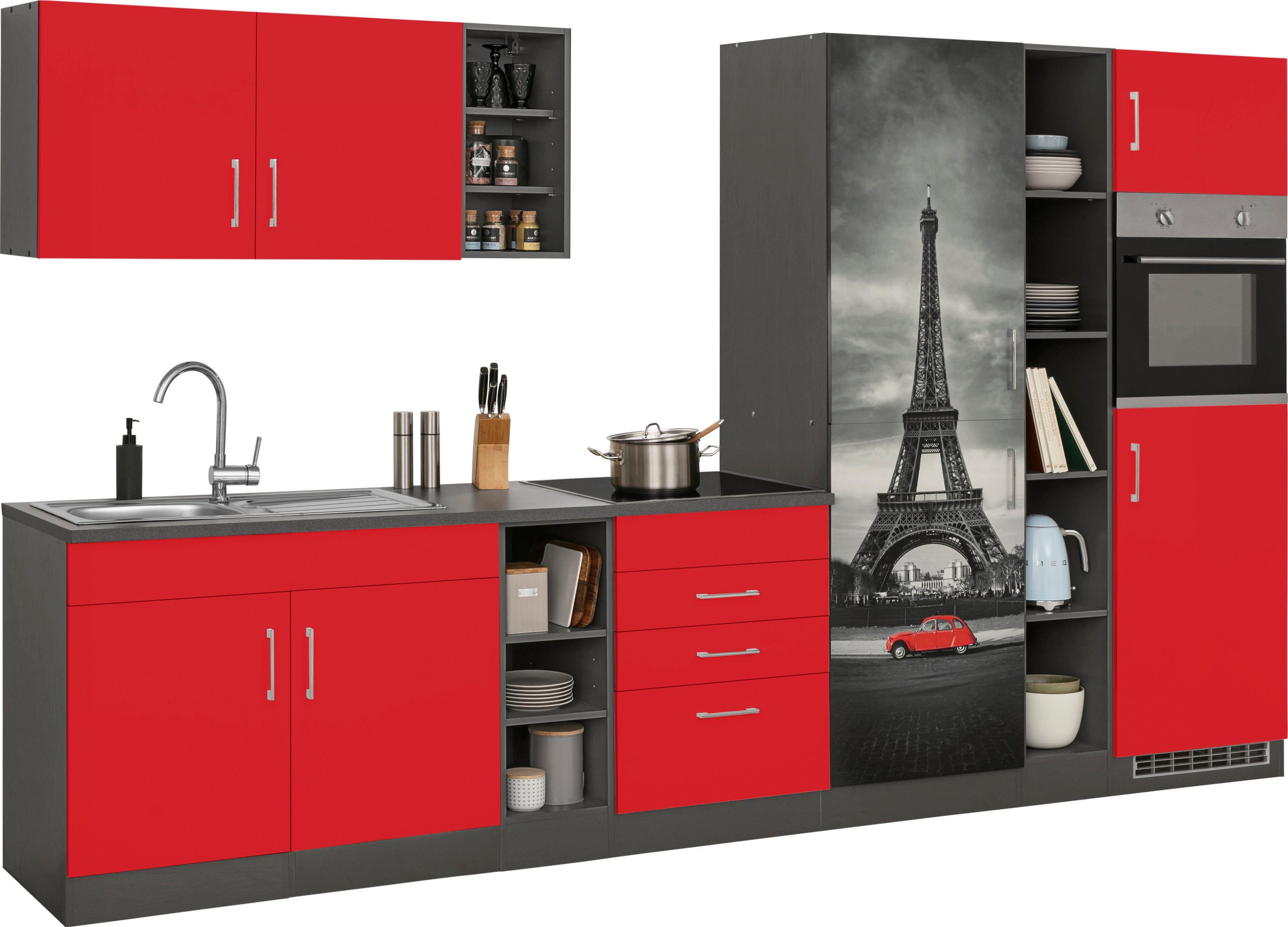KOCHSTATION Küchenzeile KS-Paris – Küchen mit einzigartigen Fotomotiven auf den Fronten, Breite 340 cm, wahlweise mit E-Geräten und Induktion